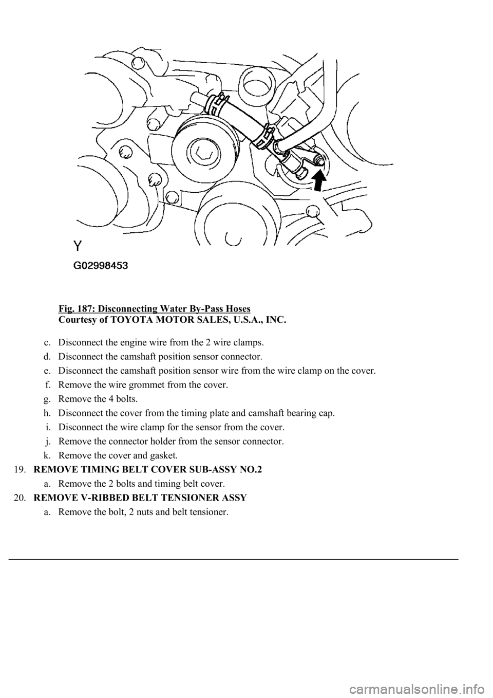 LEXUS LS430 2003  Factory Repair Manual Fig. 187: Disconnecting Water By-Pass Hoses 
Courtesy of TOYOTA MOTOR SALES, U.S.A., INC. 
c. Disconnect the engine wire from the 2 wire clamps.  
d. Disconnect the camshaft position sensor connector.