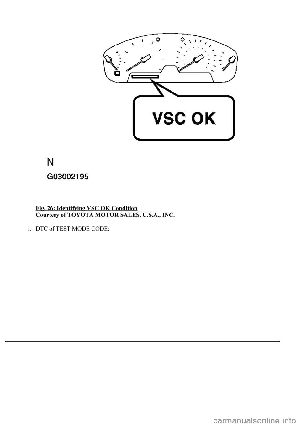 LEXUS LS430 2003  Factory Repair Manual Fig. 26: Identifying VSC OK Condition 
Courtesy of TOYOTA MOTOR SALES, U.S.A., INC. 
i. DTC of TEST MODE CODE:   