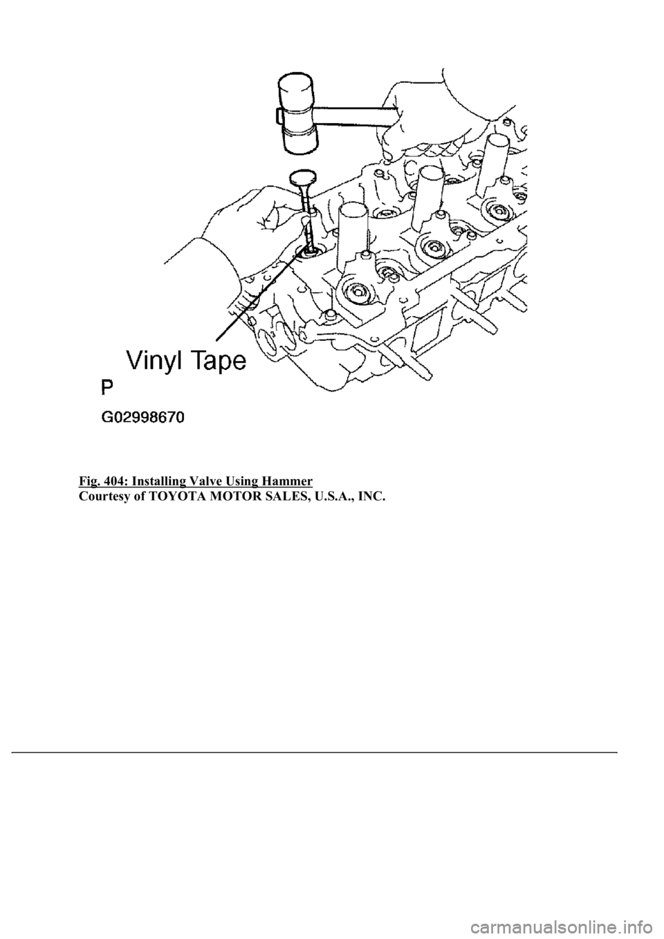 LEXUS LS430 2003  Factory Repair Manual Fig. 404: Installing Valve Using Hammer 
Courtesy of TOYOTA MOTOR SALES, U.S.A., INC. 