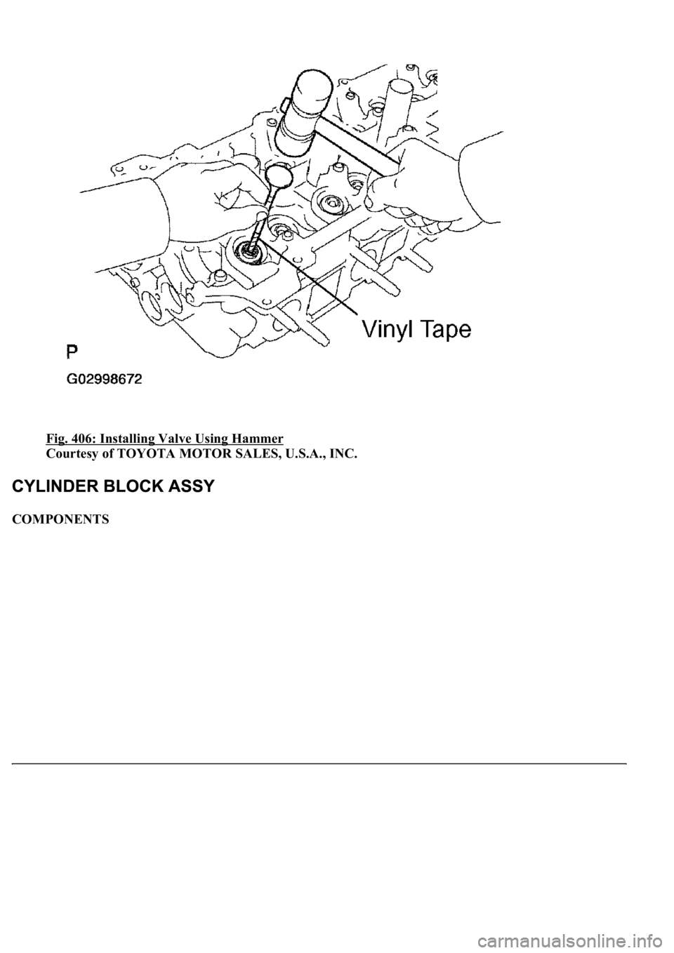 LEXUS LS430 2003  Factory Repair Manual Fig. 406: Installing Valve Using Hammer 
Courtesy of TOYOTA MOTOR SALES, U.S.A., INC. 
COMPONENTS  