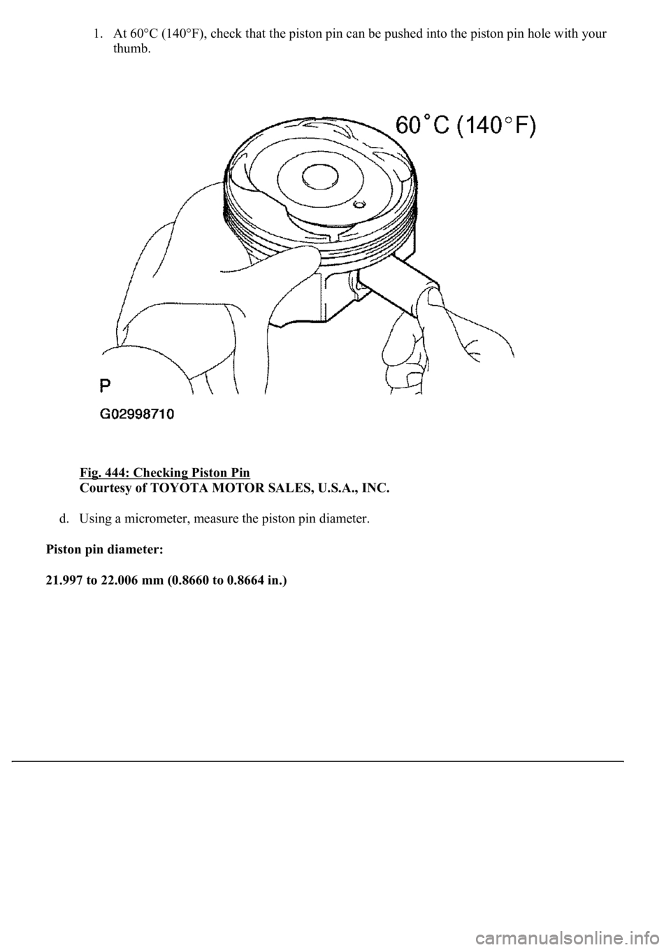 LEXUS LS430 2003  Factory Repair Manual 1. At 60°C (140°F), check that the piston pin can be pushed into the piston pin hole with your 
thumb.  
Fig. 444: Checking Piston Pin
 
Courtesy of TOYOTA MOTOR SALES, U.S.A., INC. 
d. Using a micr