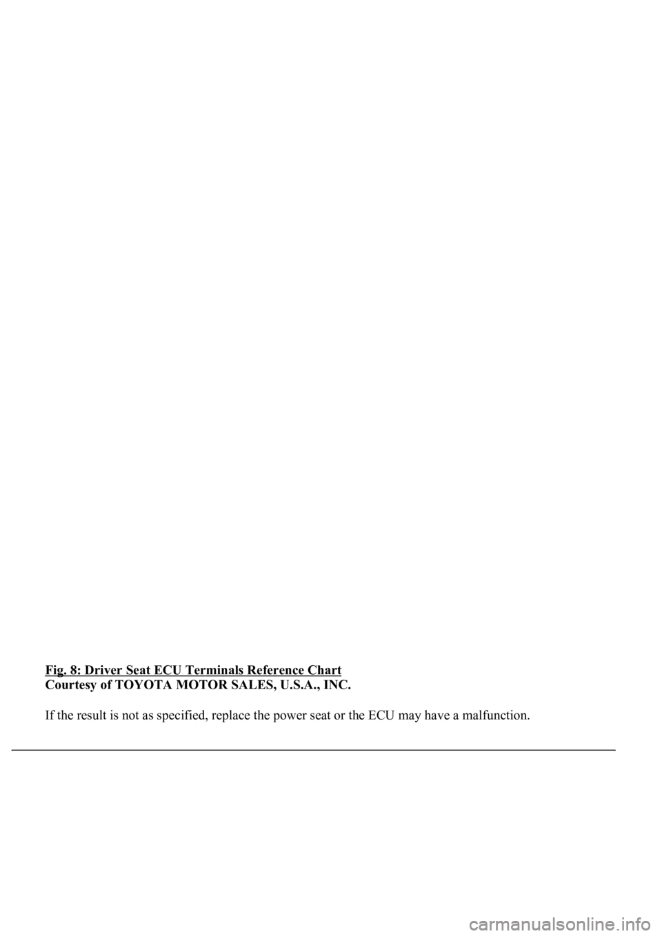 LEXUS LS430 2003  Factory Repair Manual Fig. 8: Driver Seat ECU Terminals Reference Chart 
Courtesy of TOYOTA MOTOR SALES, U.S.A., INC. 
If the result is not as specified, replace the power seat or the ECU may have a malfunction. 