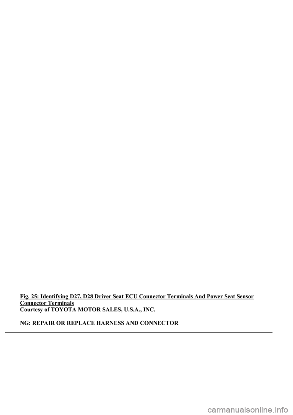 LEXUS LS430 2003  Factory Repair Manual Fig. 25: Identifying D27, D28 Driver Seat ECU Connector Terminals And Power Seat Sensor 
Connector Terminals 
Courtesy of TOYOTA MOTOR SALES, U.S.A., INC. 
NG: REPAIR OR REPLACE HARNESS AND CONNECTOR 