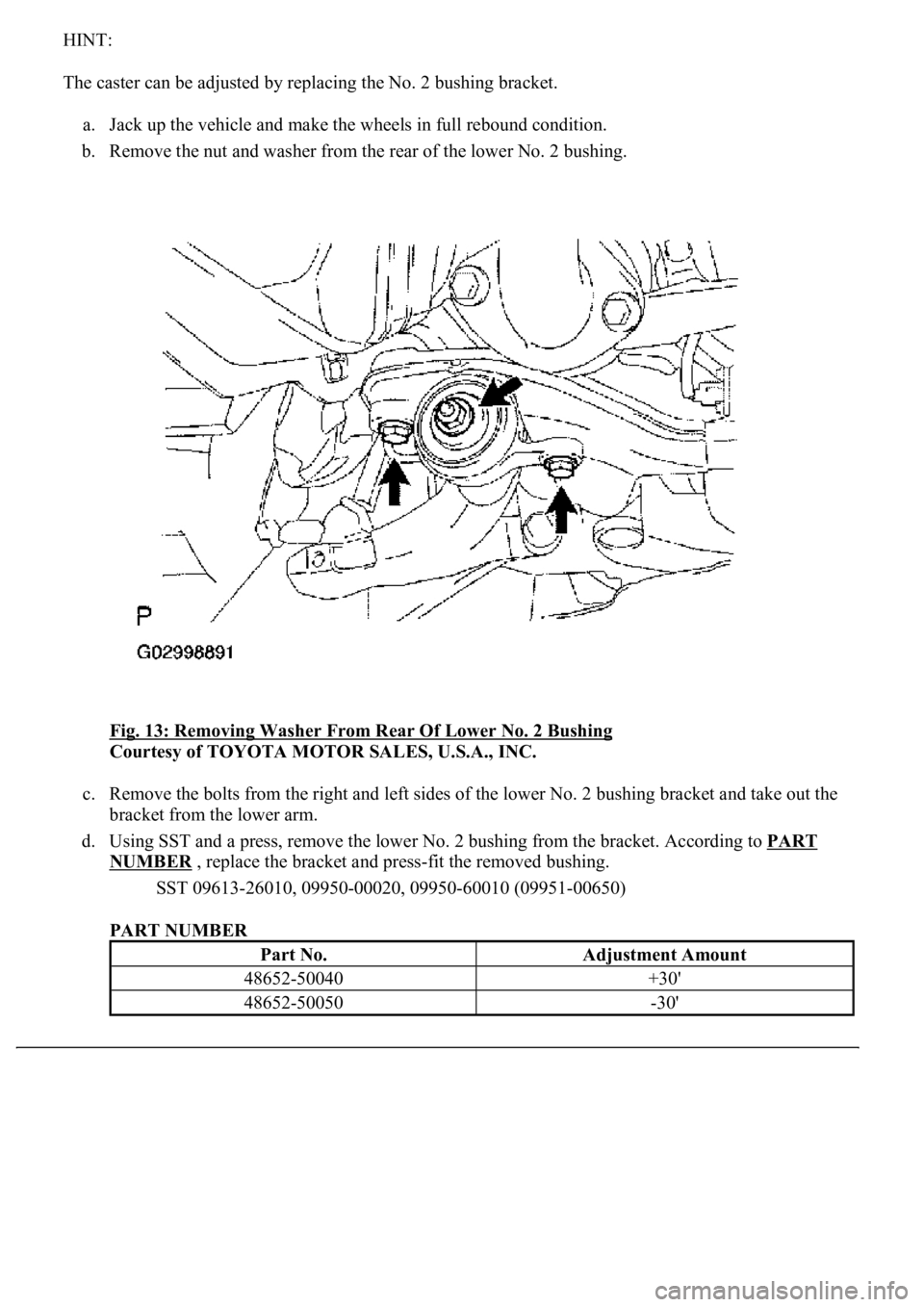 LEXUS LS430 2003  Factory Repair Manual HINT: 
The caster can be adjusted by replacing the No. 2 bushing bracket. 
a. Jack up the vehicle and make the wheels in full rebound condition.  
b. Remove the nut and washer from the rear of the low