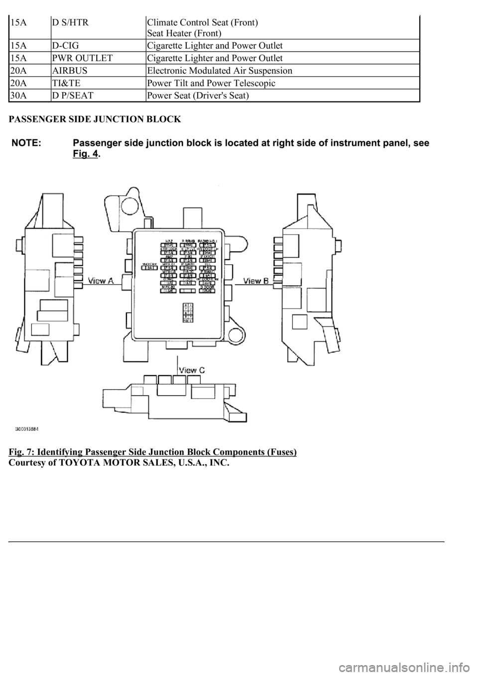 LEXUS LS430 2003  Factory Repair Manual PASSENGER SIDE JUNCTION BLOCK 
Fig. 7: Identifying Passenger Side Junction Block Components (Fuses)
 
Courtesy of TOYOTA MOTOR SALES, U.S.A., INC.
15AD S/HTRClimate Control Seat (Front) 
Seat Heater (