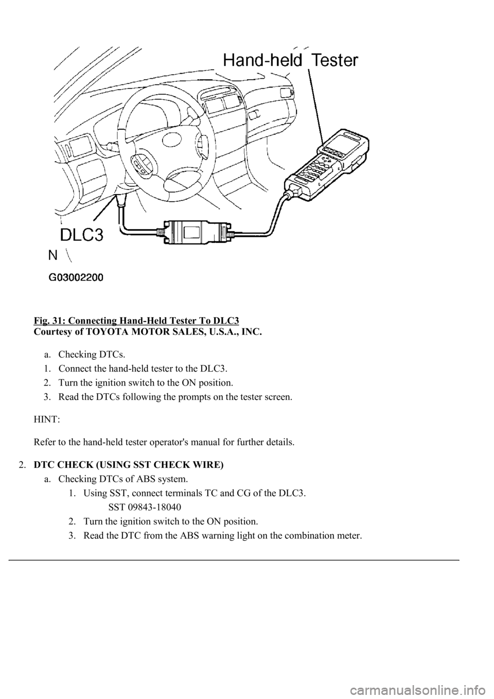 LEXUS LS430 2003  Factory Repair Manual Fig. 31: Connecting Hand-Held Tester To DLC3 
Courtesy of TOYOTA MOTOR SALES, U.S.A., INC. 
a. Checking DTCs.  
1. Connect the hand-held tester to the DLC3.  
2. Turn the ignition switch to the ON pos