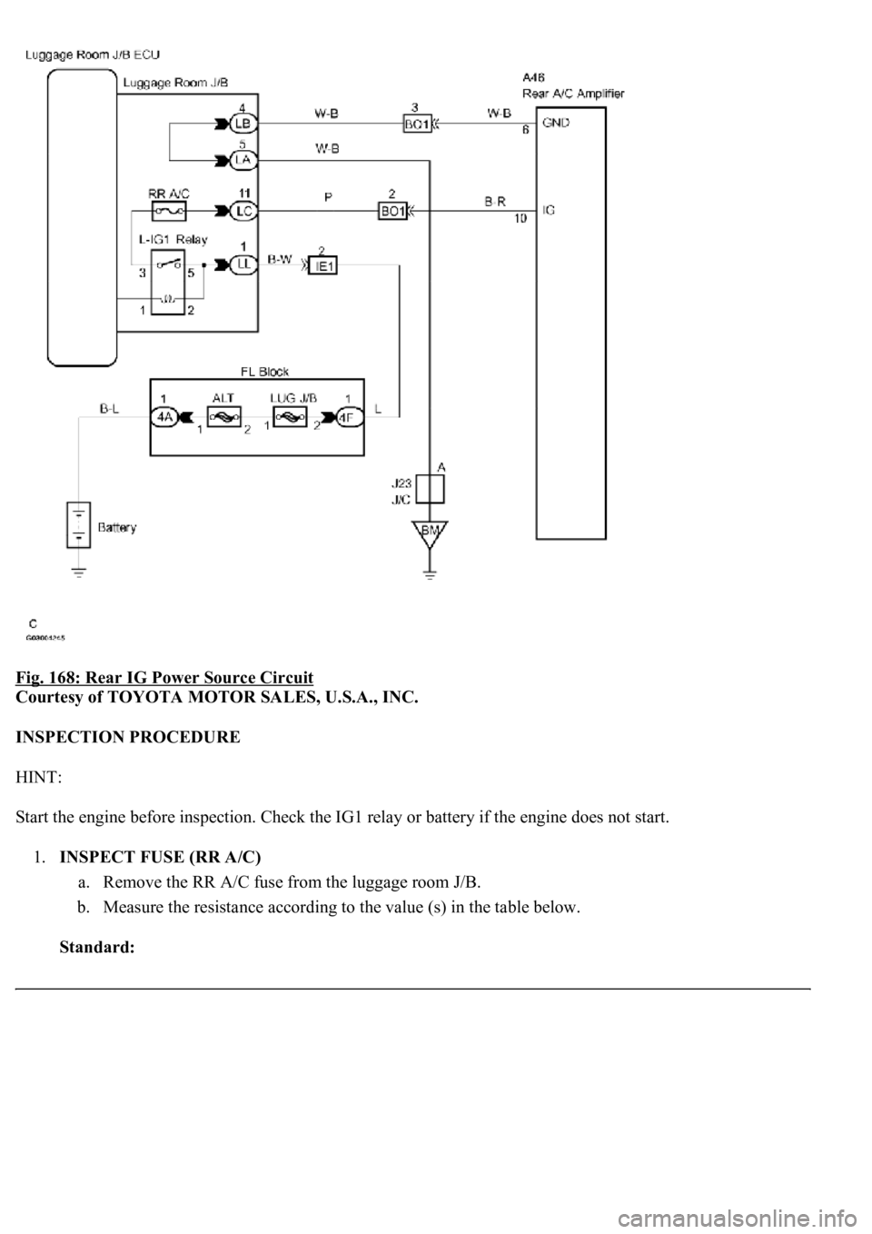 LEXUS LS430 2003  Factory Repair Manual Fig. 168: Rear IG Power Source Circuit 
Courtesy of TOYOTA MOTOR SALES, U.S.A., INC. 
INSPECTION PROCEDURE 
HINT: 
Start the engine before inspection. Check the IG1 relay or battery if the engine does