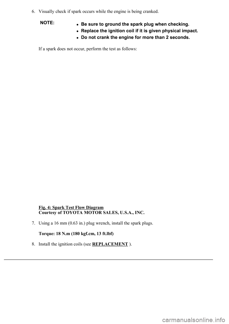 LEXUS LS430 2003  Factory Repair Manual 6. Visually check if spark occurs while the engine is being cranked. 
If a spark does not occur, perform the test as follows: 
Fig. 4: Spark Test Flow Diagram
 
Courtesy of TOYOTA MOTOR SALES, U.S.A.,