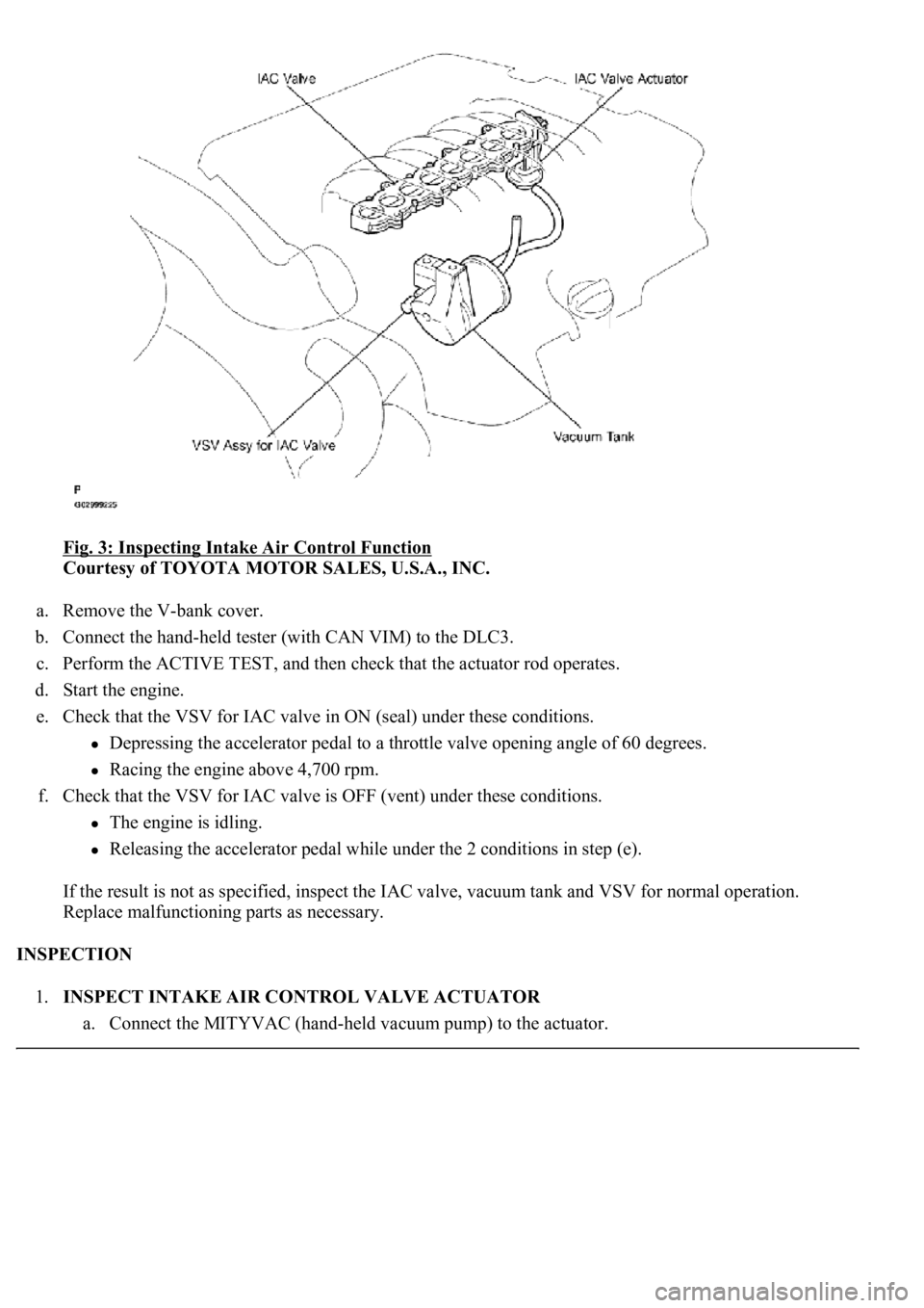 LEXUS LS430 2003  Factory Repair Manual Fig. 3: Inspecting Intake Air Control Function 
Courtesy of TOYOTA MOTOR SALES, U.S.A., INC. 
a. Remove the V-bank cover.  
b. Connect the hand-held tester (with CAN VIM) to the DLC3.  
c. Perform the