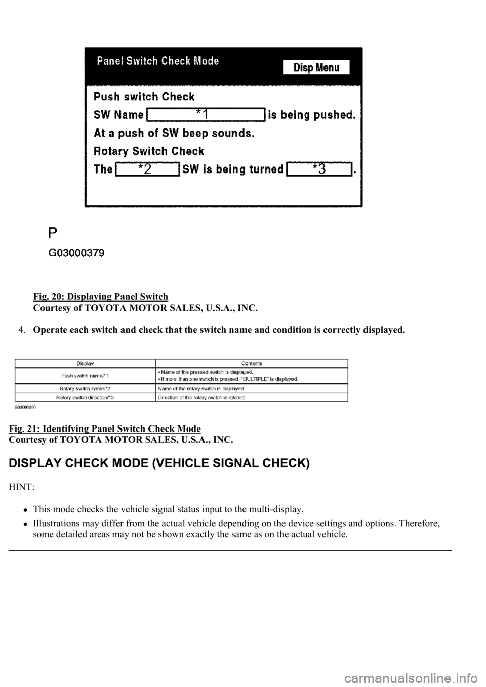 LEXUS LS430 2003  Factory Repair Manual Fig. 20: Displaying Panel Switch 
Courtesy of TOYOTA MOTOR SALES, U.S.A., INC. 
4.Operate each switch and check that the switch name and condition is correctly displayed.  
Fig. 21: Identifying Panel 