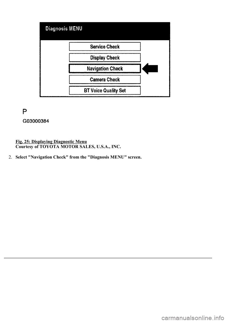 LEXUS LS430 2003  Factory Repair Manual Fig. 25: Displaying Diagnostic Menu 
Courtesy of TOYOTA MOTOR SALES, U.S.A., INC. 
2.Select "Navigation Check" from the "Diagnosis MENU" screen. 