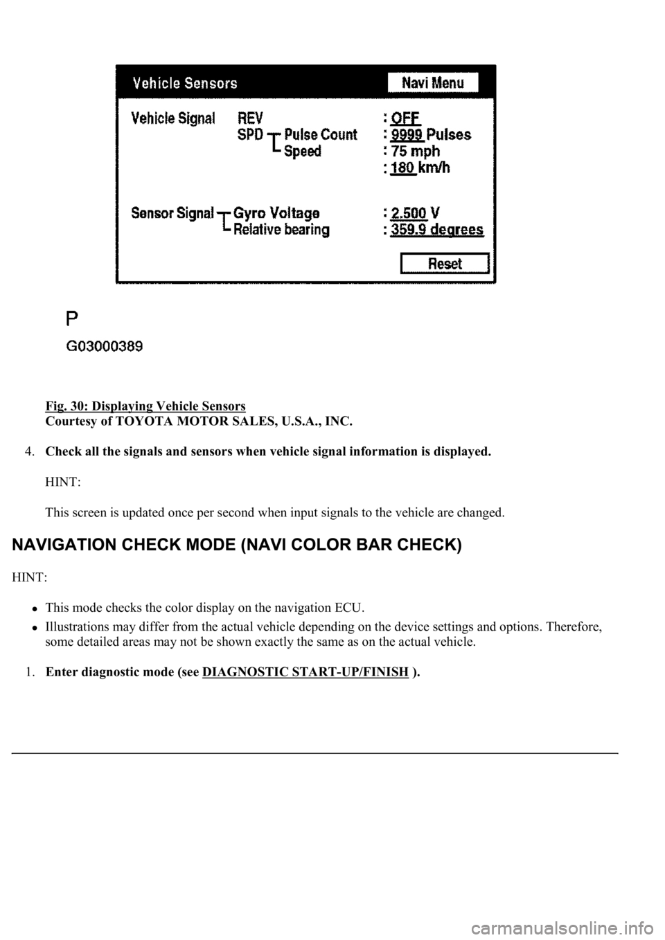 LEXUS LS430 2003  Factory Repair Manual Fig. 30: Displaying Vehicle Sensors 
Courtesy of TOYOTA MOTOR SALES, U.S.A., INC. 
4.Check all the signals and sensors when vehicle signal information is displayed. 
HINT: 
This screen is updated once