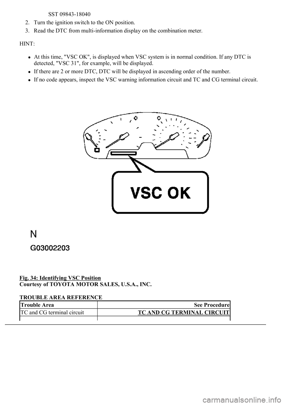 LEXUS LS430 2003  Factory Repair Manual SST 09843-18040  
2. Turn the ignition switch to the ON position.  
3. Read the DTC from multi-information display on the combination meter.  
HINT: 
At this time, "VSC OK", is displayed when 