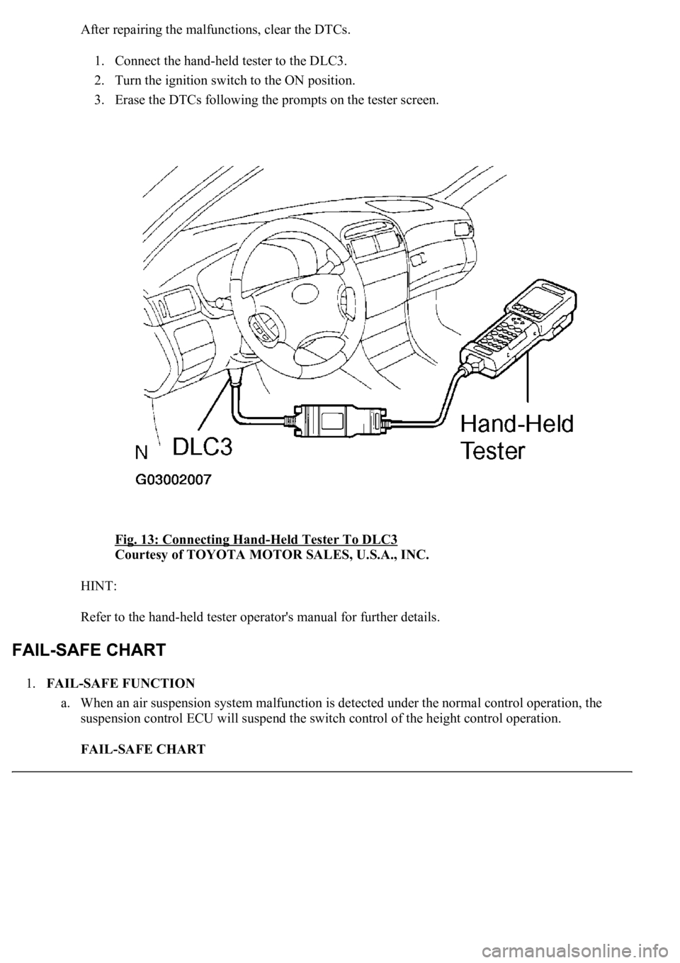 LEXUS LS430 2003  Factory Repair Manual After repairing the malfunctions, clear the DTCs.
1. Connect the hand-held tester to the DLC3.  
2. Turn the ignition switch to the ON position.  
3. Erase the DTCs following the prompts on the tester