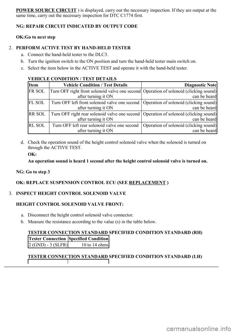 LEXUS LS430 2003 Factory Repair Manual POWER SOURCE CIRCUIT ) is displayed, carry out the necessary inspection. If they are output at the
same time, carry out the necessary inspection for DTC C1774 first.
NG: REPAIR CIRCUIT INDICATED BY LEXUS LS430 2003 Factory Repair Manual POWER SOURCE CIRCUIT ) is displayed, carry out the necessary inspection. If they are output at the
same time, carry out the necessary inspection for DTC C1774 first.
NG: REPAIR CIRCUIT INDICATED BY