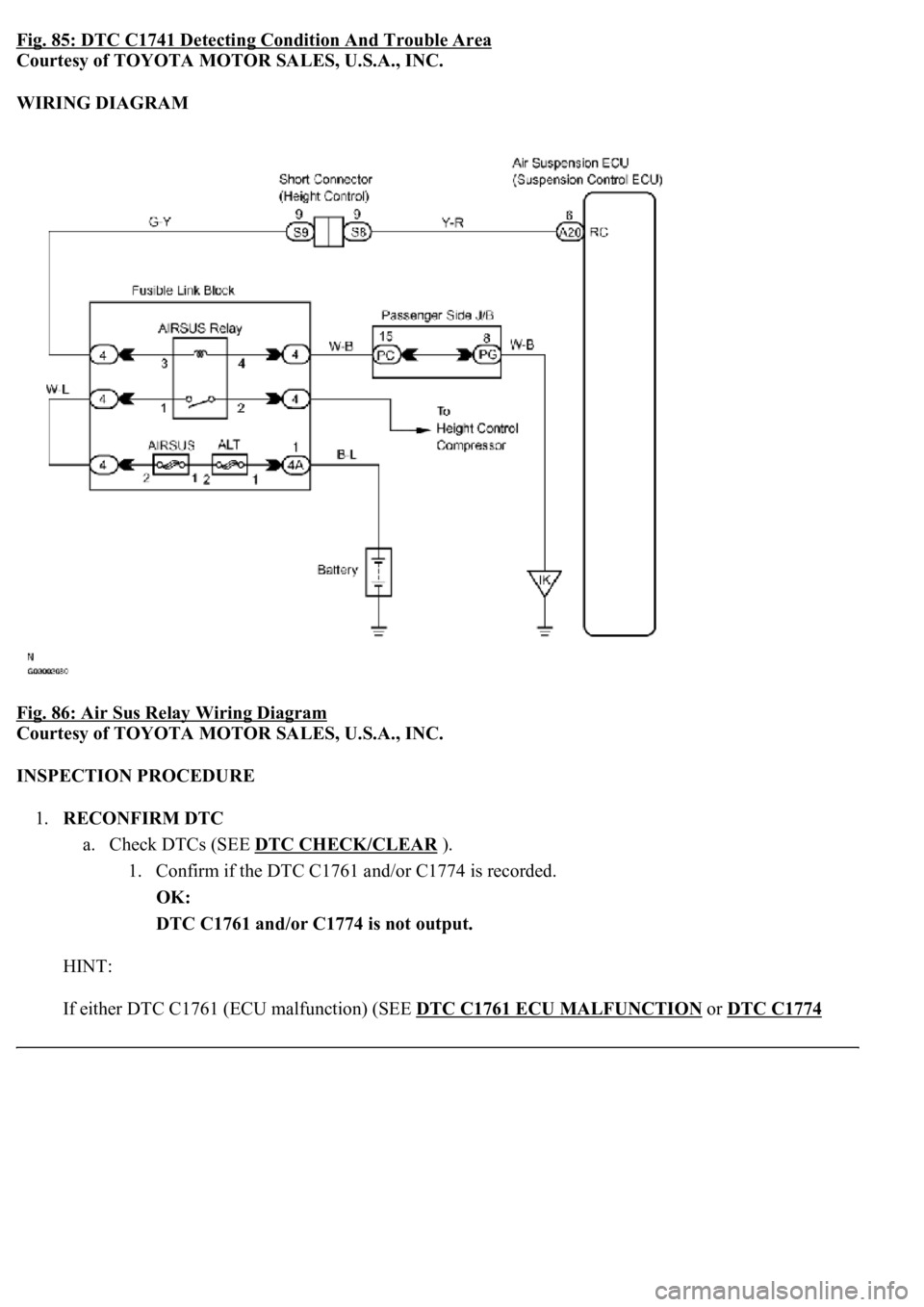 LEXUS LS430 2003  Factory Repair Manual Fig. 85: DTC C1741 Detecting Condition And Trouble Area
Courtesy of TOYOTA MOTOR SALES, U.S.A., INC. 
WIRING DIAGRAM 
Fig. 86: Air Sus Relay Wiring Diagram
 
Courtesy of TOYOTA MOTOR SALES, U.S.A., IN