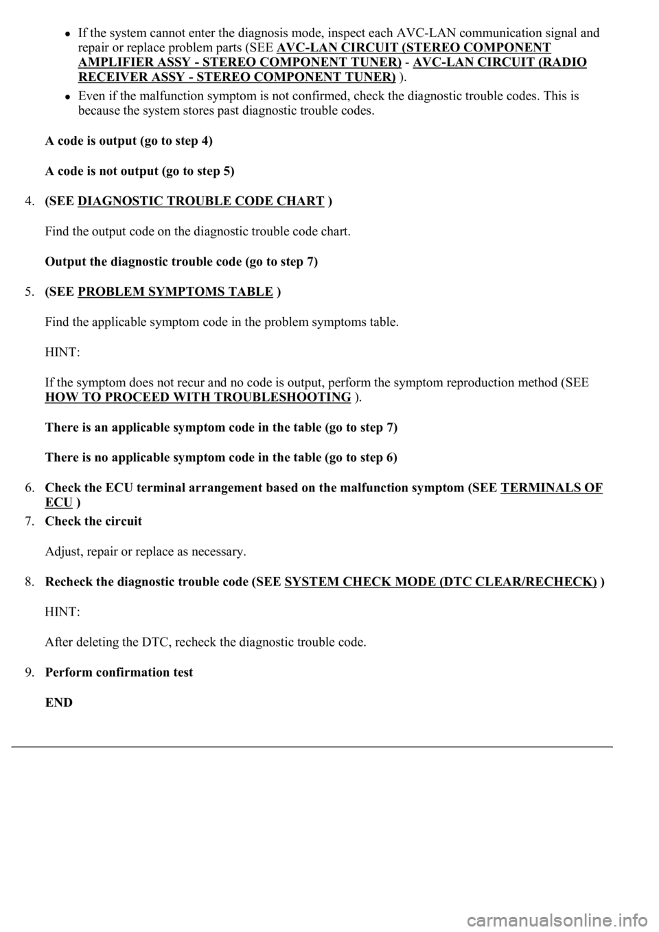 LEXUS LS430 2003  Factory Repair Manual If the system cannot enter the diagnosis mode, inspect each AVC-LAN communication signal and 
repair or replace problem parts (SEE AVC
-LAN CIRCUIT (STEREO COMPONENT 
AMPLIFIER ASSY - STEREO COMPONENT