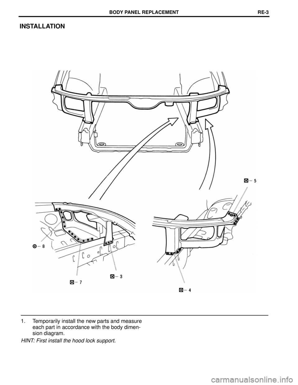 LEXUS SC400 1991  Service Repair Manual 
INSTALLATION
1. Temporarily install the new parts and measureeach part in accordance with the body dimen-
sion diagram.
HINT: First install the hood lock support.
BODY PANEL REPLACEMENTRE-3 
WhereEve