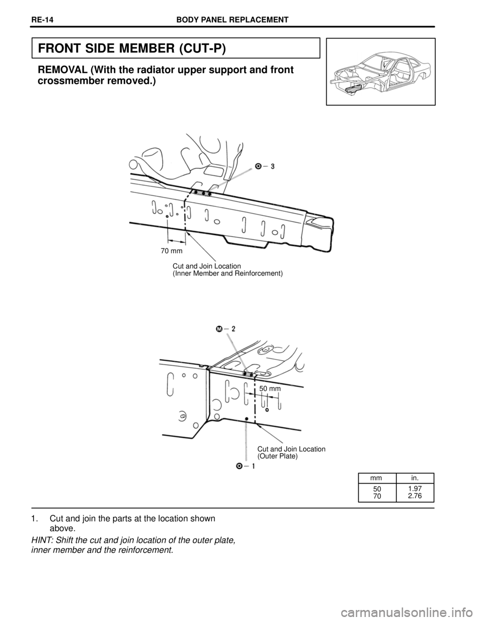 LEXUS SC400 1991  Service Repair Manual 
mm in.50
70 1.97
2.76
FRONT SIDE MEMBER (CUT-P)
REMOVAL (With the radiator upper support and front
crossmember removed.)
70 mm
Cut and Join Location
(Inner Member and Reinforcement)
50 mm
Cut and Joi