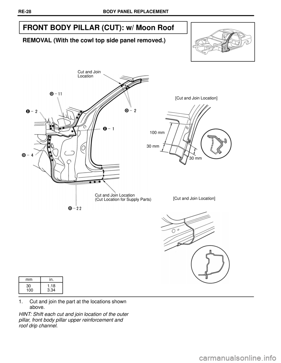 LEXUS SC400 1991  Service Repair Manual 
mm in.30
100 1.18
3.34
FRONT BODY PILLAR (CUT): w/ Moon Roof
REMOVAL (With the cowl top side panel removed.)
Cut and Join
Location
[Cut and Join Location]
100 mm
30 mm 30 mm
[Cut and Join Location]
C