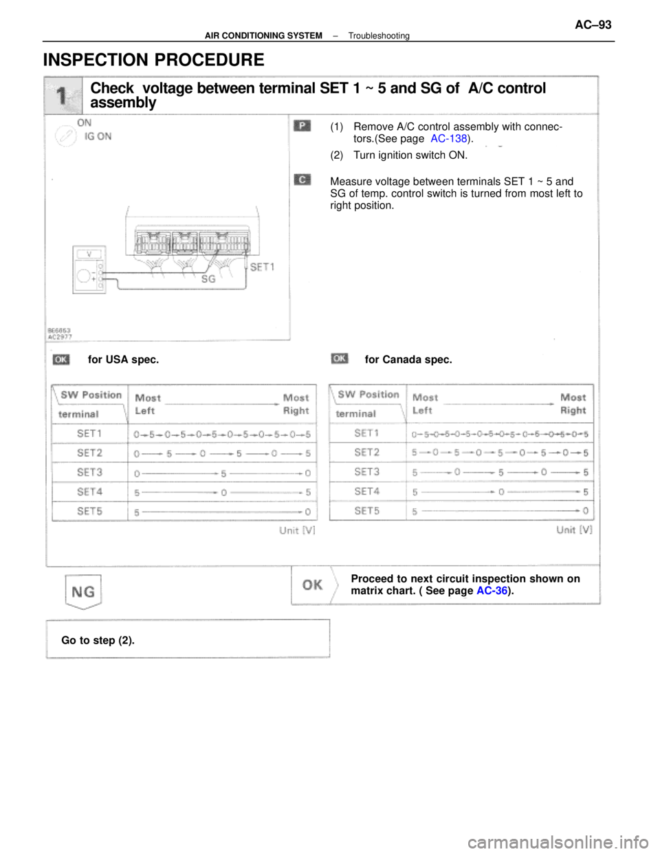 LEXUS SC400 1991  Service Repair Manual 
Check  voltage between terminal SET 1 ~ 5 and SG of  A/C control 
assembly
(1) Remove A/C control assembly with connec-tors.(See page   AC-138).
(2) Turn ignition switch ON.
Measure voltage between t
