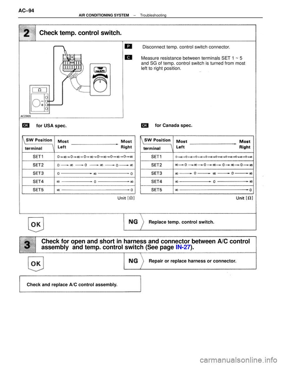 LEXUS SC400 1991  Service Repair Manual 
Check temp. control switch.
Disconnect temp. control switch connector.
Measure resistance between terminals SET 1 ~ 5
and SG of temp. control switch is turned from most
left to right position.
for US