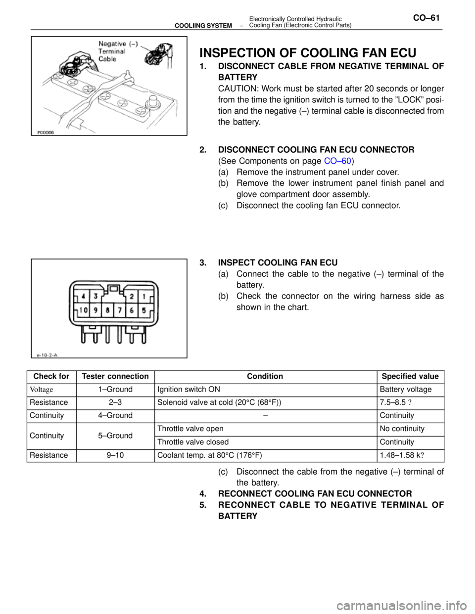 LEXUS SC400 1991 Service Repair Manual
INSPECTION OF COOLING FAN ECU
1. DISCONNECT CABLE FROM NEGATIVE TERMINAL OFBATTERY
CAUTION: Work must be started after 20 seconds or longer
from the time the ignition switch is turned to the ºLOCK LEXUS SC400 1991 Service Repair Manual
INSPECTION OF COOLING FAN ECU
1. DISCONNECT CABLE FROM NEGATIVE TERMINAL OFBATTERY
CAUTION: Work must be started after 20 seconds or longer
from the time the ignition switch is turned to the ºLOCK
