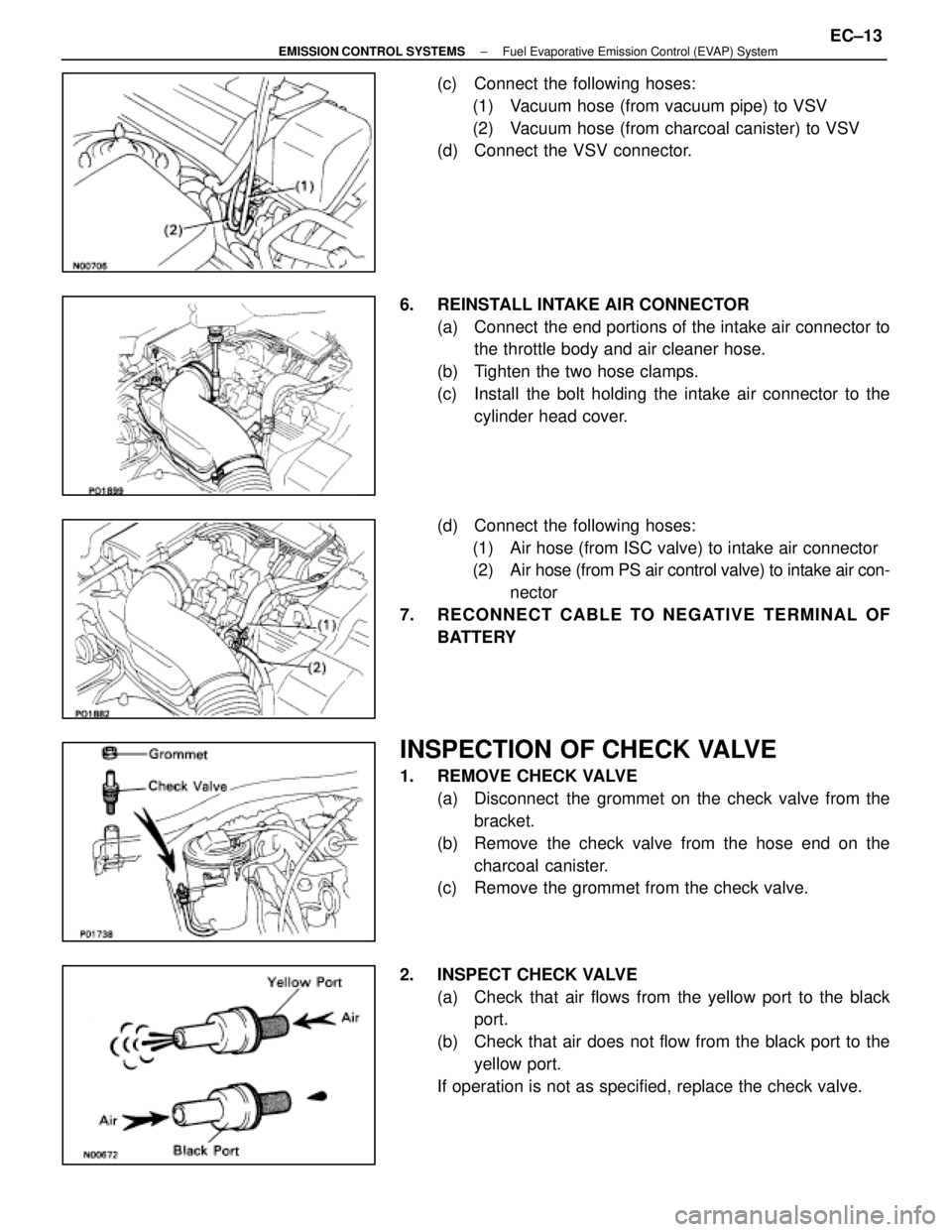 LEXUS SC400 1991 Service Repair Manual
(c) Connect the following hoses:(1) Vacuum hose (from vacuum pipe) to VSV
(2) Vacuum hose (from charcoal canister) to VSV
(d) Connect the VSV connector.
6. REINSTALL INTAKE AIR CONNECTOR (a) Co LEXUS SC400 1991 Service Repair Manual
(c) Connect the following hoses:(1) Vacuum hose (from vacuum pipe) to VSV
(2) Vacuum hose (from charcoal canister) to VSV
(d) Connect the VSV connector.
6. REINSTALL INTAKE AIR CONNECTOR (a) Co