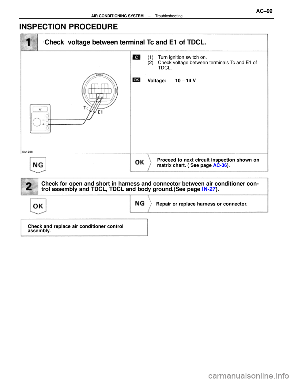 LEXUS SC400 1991  Service Repair Manual 
Check  voltage between terminal Tc and E1 of TDCL.
(2) Check voltage between terminals Tc and E1 of TDCL.
Voltage: 10 ± 14 V
(1) Turn ignition switch on.
Proceed to next circuit inspection shown on
