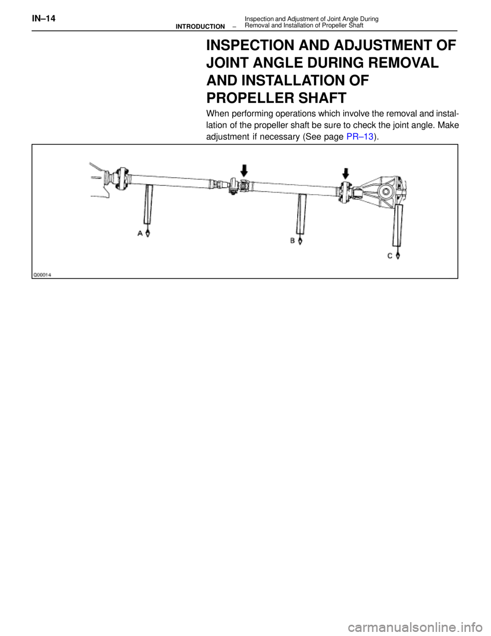 LEXUS SC400 1991  Service Repair Manual 
INSPECTION AND ADJUSTMENT OF
JOINT ANGLE DURING REMOVAL
AND INSTALLATION OF
PROPELLER SHAFT
When performing operations which involve the removal and instal-
lation of the propeller shaft be sure to c