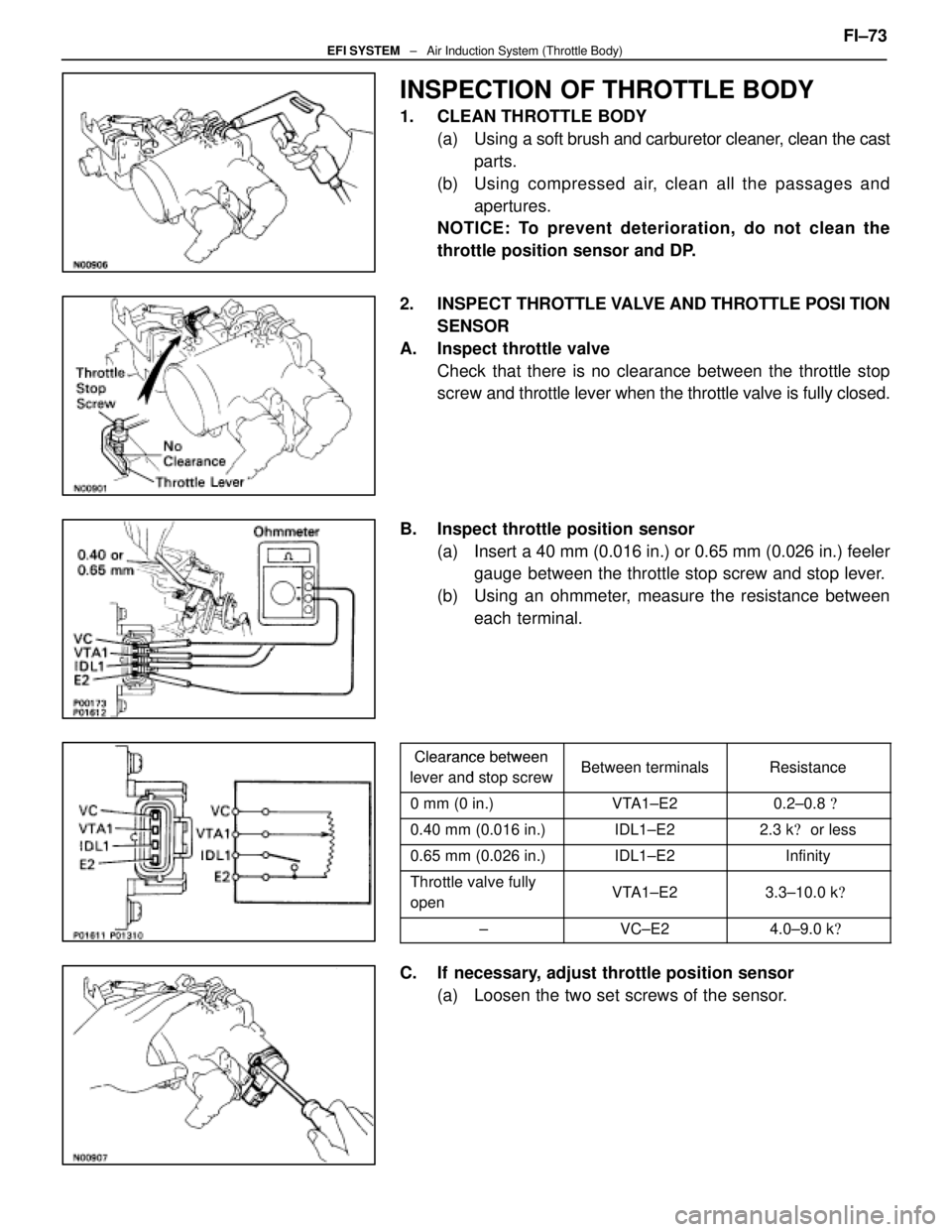 LEXUS SC400 1991 Service Repair Manual
INSPECTION OF THROTTLE BODY
1. CLEAN THROTTLE BODY(a) Using a soft brush and carburetor cleaner, clean the cast
parts.
(b) Using compressed air, clean all the passages and apertures.
NOTICE: To pr LEXUS SC400 1991 Service Repair Manual
INSPECTION OF THROTTLE BODY
1. CLEAN THROTTLE BODY(a) Using a soft brush and carburetor cleaner, clean the cast
parts.
(b) Using compressed air, clean all the passages and apertures.
NOTICE: To pr