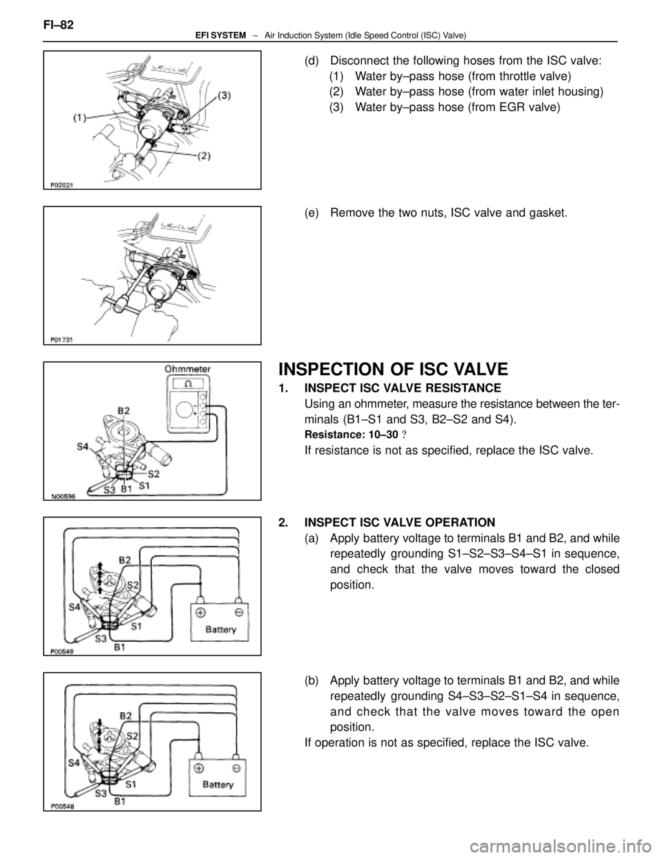 LEXUS SC400 1991  Service Repair Manual 
(d)  Disconnect the following hoses from the ISC valve:(1)  Water by±pass hose (from throttle valve)
(2)  Water by±pass hose (from water inlet housing)
(3)  Water by±pass hose (from EGR valve)
(e)
