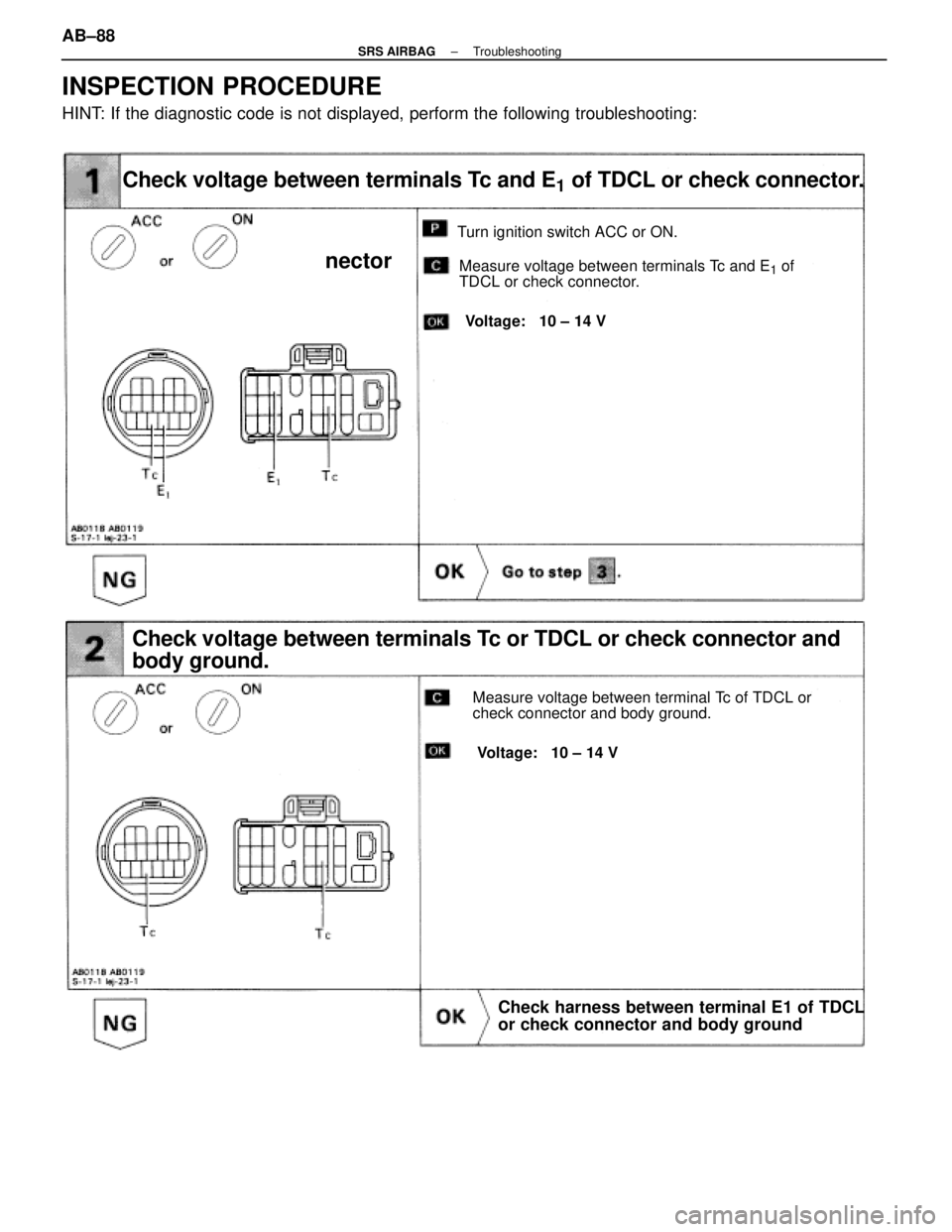 LEXUS SC400 1991  Service Repair Manual 
INSPECTION PROCEDURE
HINT: If the diagnostic code is not displayed, perform the following troubles\
hooting:
Check voltage between terminals Tc and E1 of TDCL or check connector.
nector
Turn ignition