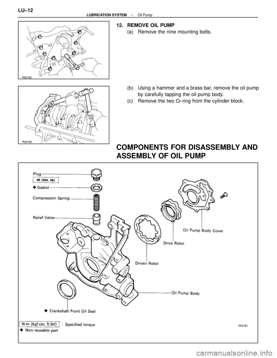 LEXUS SC400 1991  Service Repair Manual 
12.  REMOVE OIL PUMP(a)  Remove the nine mounting bolts.
(b)  Using a hammer and a brass bar, remove the oil pumpby carefully tapping the oil pump body.
(c)  Remove the two O±ring from the cylinder 