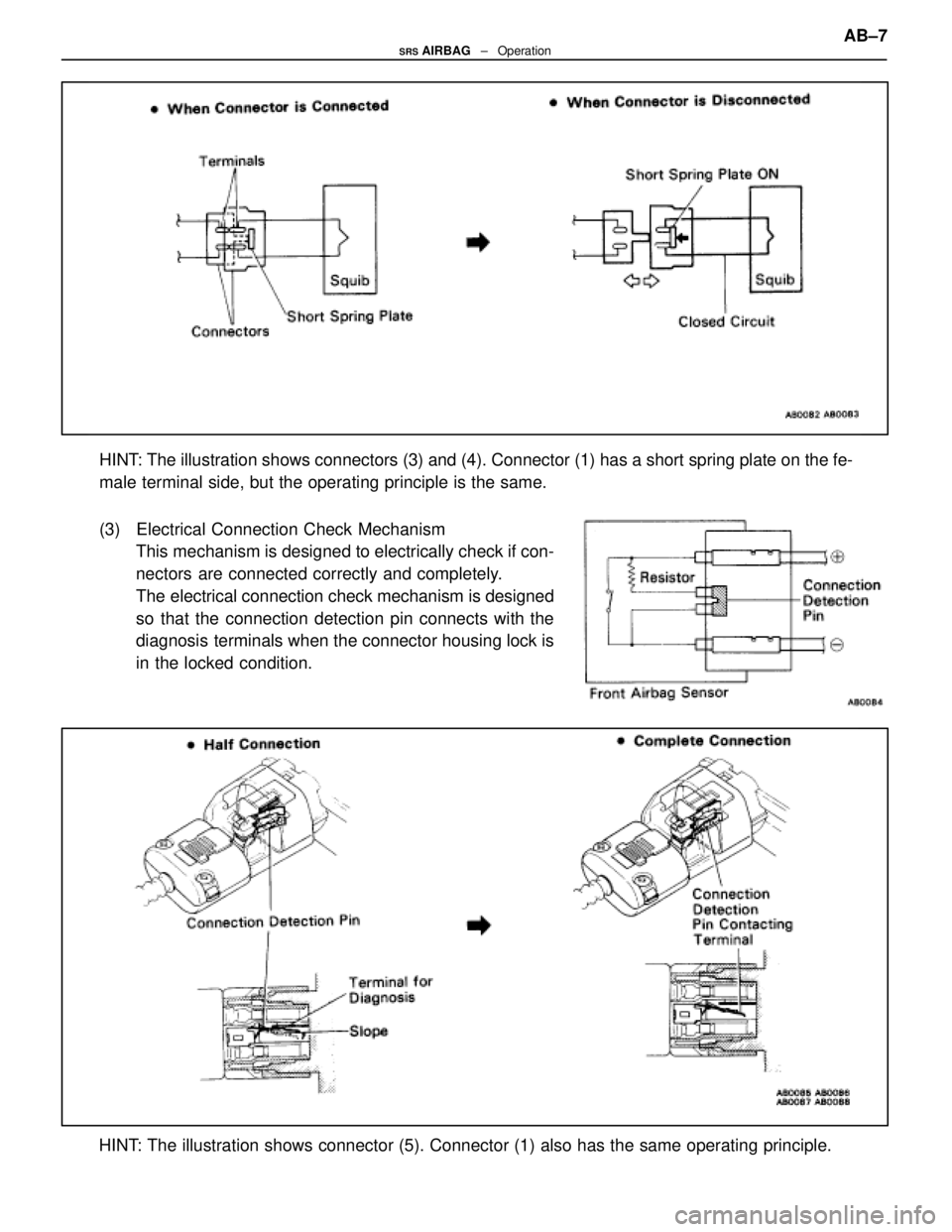 LEXUS SC400 1991  Service Repair Manual 
HINT: The illustration shows connectors (3) and (4). Connector (1) has \
a short spring plate on the fe-
male terminal side, but the operating principle is the same.
(3) Electrical Connection Check M