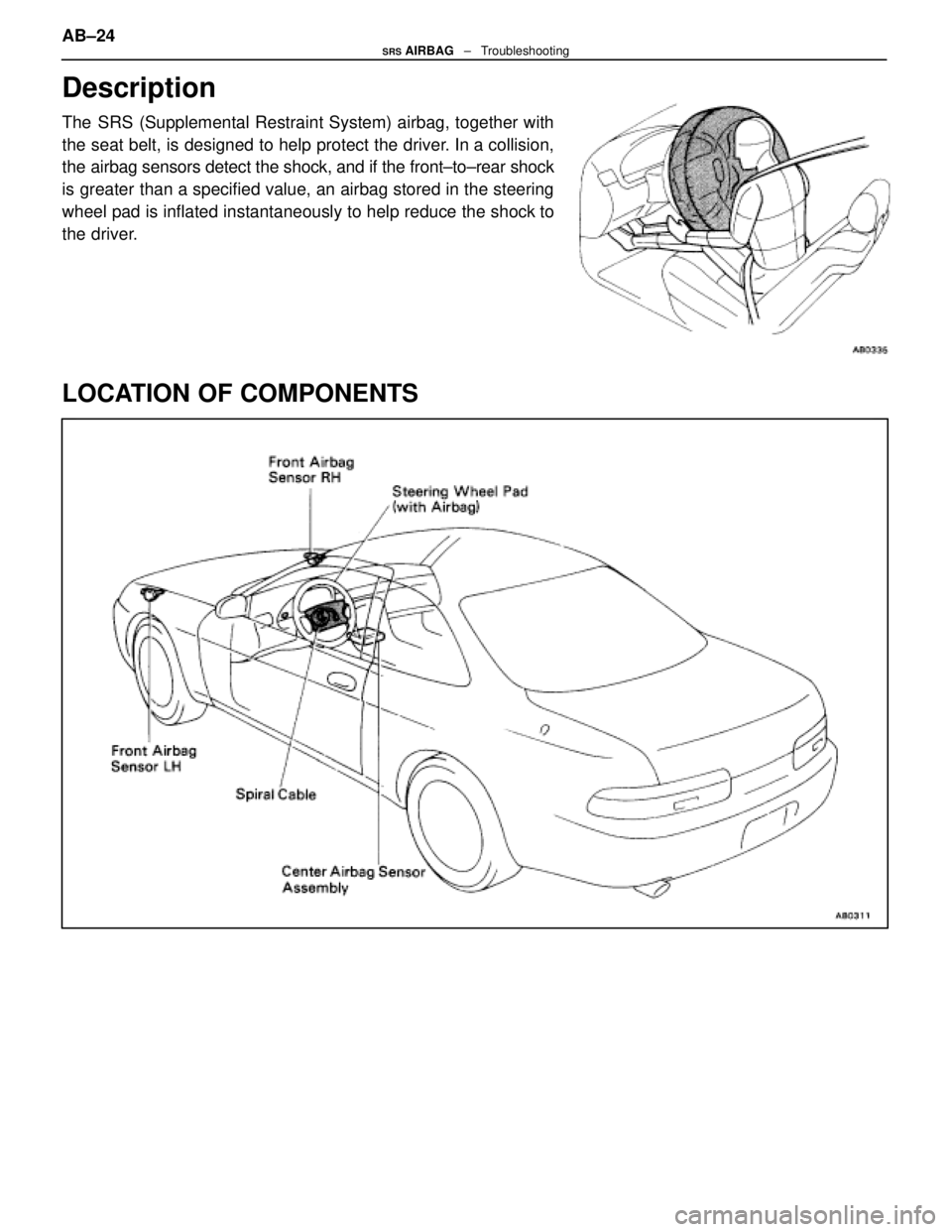 LEXUS SC400 1991  Service Repair Manual 
Description
The SRS (Supplemental Restraint System) airbag, together with
the seat belt, is designed to help protect the driver. In a collision,
the airbag sensors detect the shock, and if the front