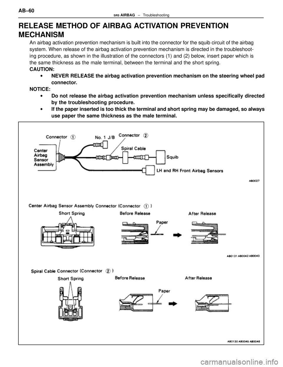 LEXUS SC400 1991  Service Repair Manual 
RELEASE METHOD OF AIRBAG ACTIVATION PREVENTION
MECHANISM
An airbag activation prevention mechanism is built into the connector for the squib circuit of the airbag
system. When release of the airbag a