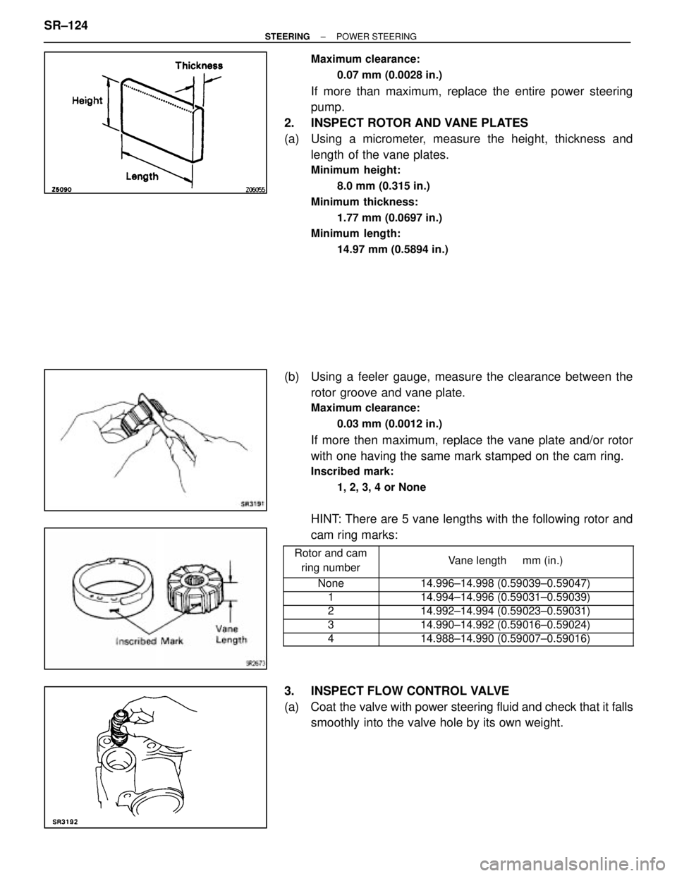 LEXUS SC400 1991  Service Repair Manual 
Maximum clearance:0.07 mm (0.0028 in.)
If more than maximum, replace the entire power steering
pump.
2.  INSPECT ROTOR AND VANE PLATES
(a)  Using a micrometer, measure the height, thickness and lengt