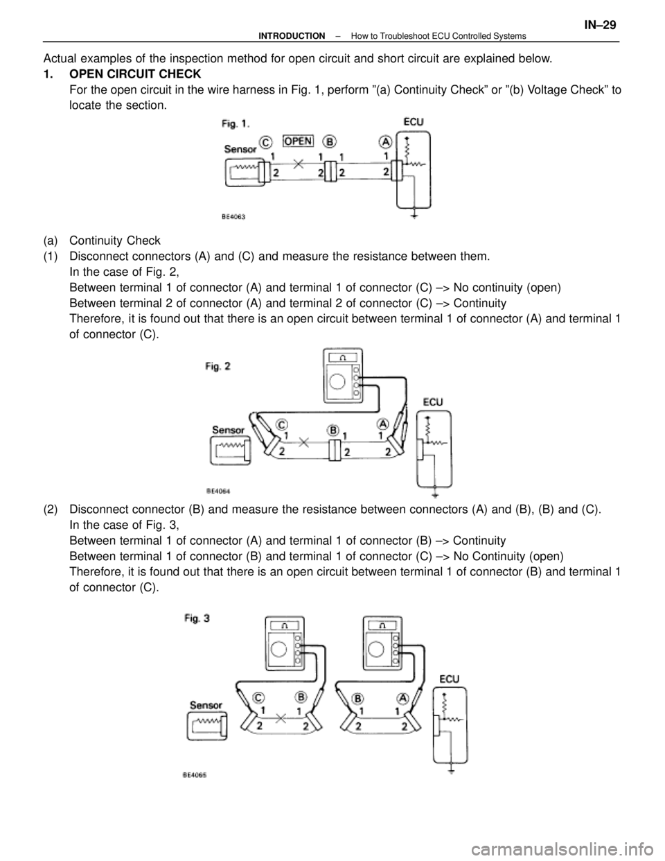 LEXUS SC400 1991  Service Repair Manual 
Actual examples of the inspection method for open circuit and short circuit ar\
e explained below.
1.  OPEN CIRCUIT CHECKFor the open circuit in the wire harness in Fig. 1, perform º(a) Conti\
nuity
