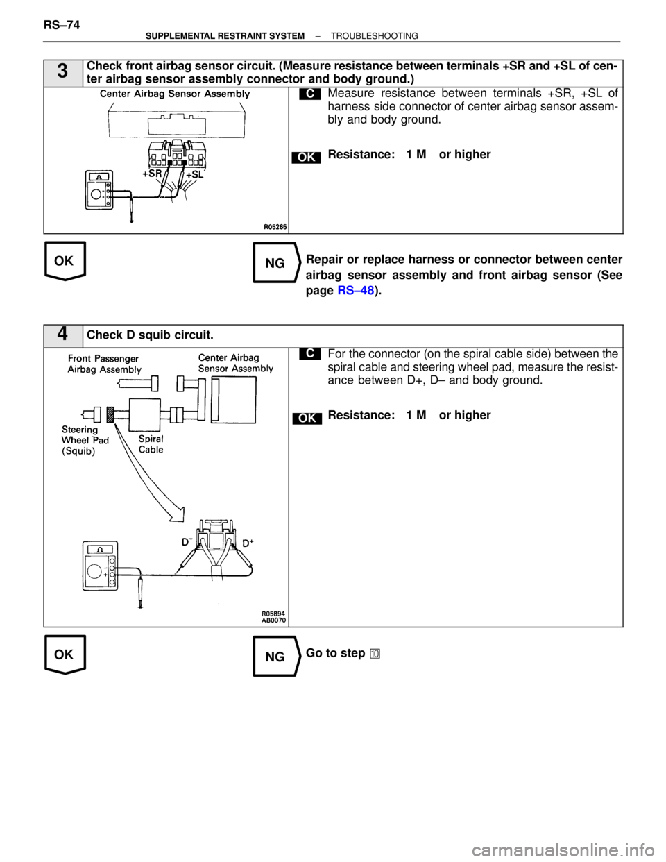 LEXUS SC400 1991  Service Repair Manual 
OKNG
OKNG
3Check front airbag sensor circuit. (Measure resistance between terminals +SR\
 and +SL of cen-
ter airbag sensor assembly connector and body ground.)
C
OK
Measure resistance between termin