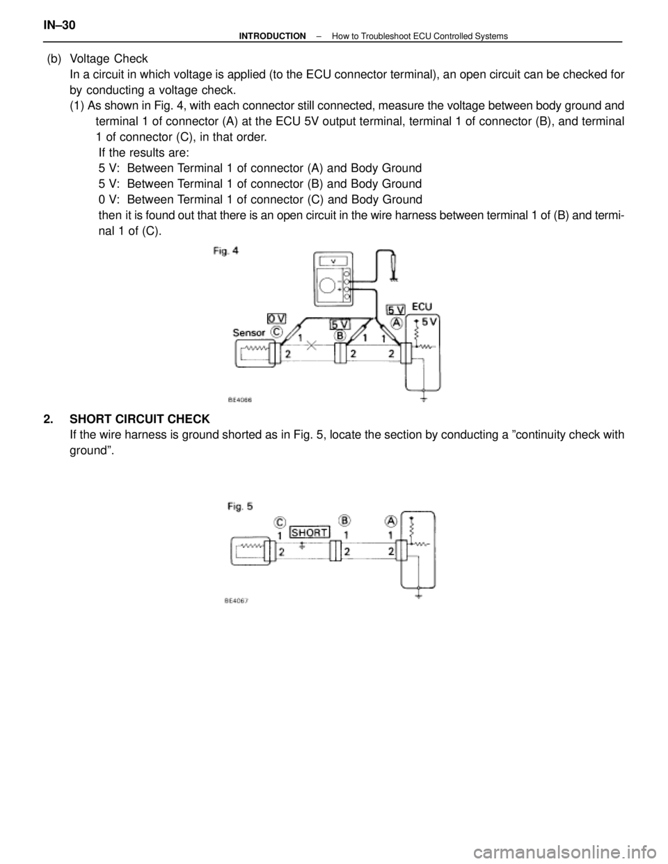 LEXUS SC400 1991  Service Repair Manual 
 (b)  Voltage  CheckIn a circuit in which voltage is applied (to the ECU connector terminal)\
, an open circuit can be checked for
by conducting a voltage check.
(1) As shown in Fig. 4, with each con