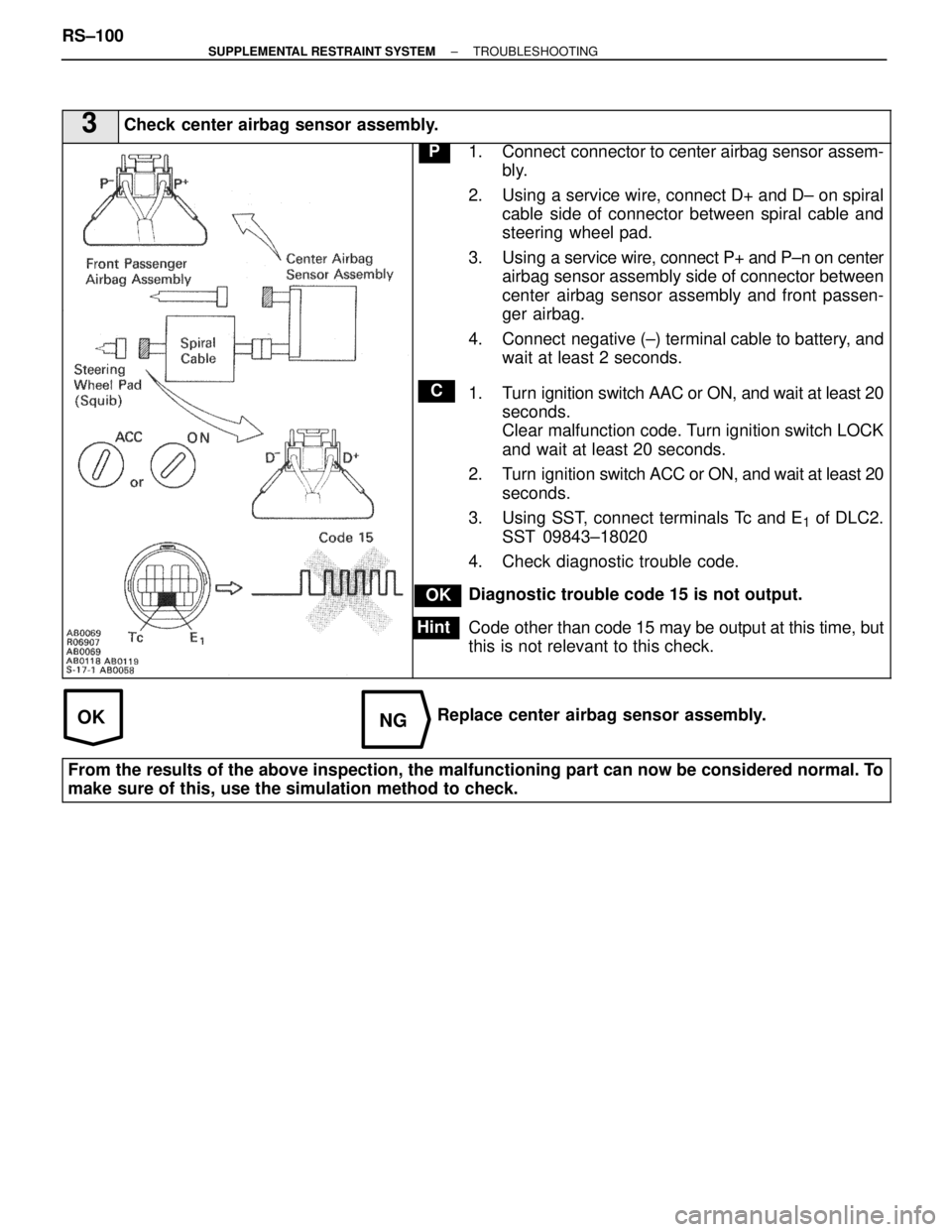 LEXUS SC400 1991 Service Repair Manual
OKNG
3Check center airbag sensor assembly.
C
OK
Hint
P1. Connect connector to center airbag sensor assem-bly.
2. Using a service wire, connect D+ and D± on spiral cable side of connector between sp LEXUS SC400 1991 Service Repair Manual
OKNG
3Check center airbag sensor assembly.
C
OK
Hint
P1. Connect connector to center airbag sensor assem-bly.
2. Using a service wire, connect D+ and D± on spiral cable side of connector between sp