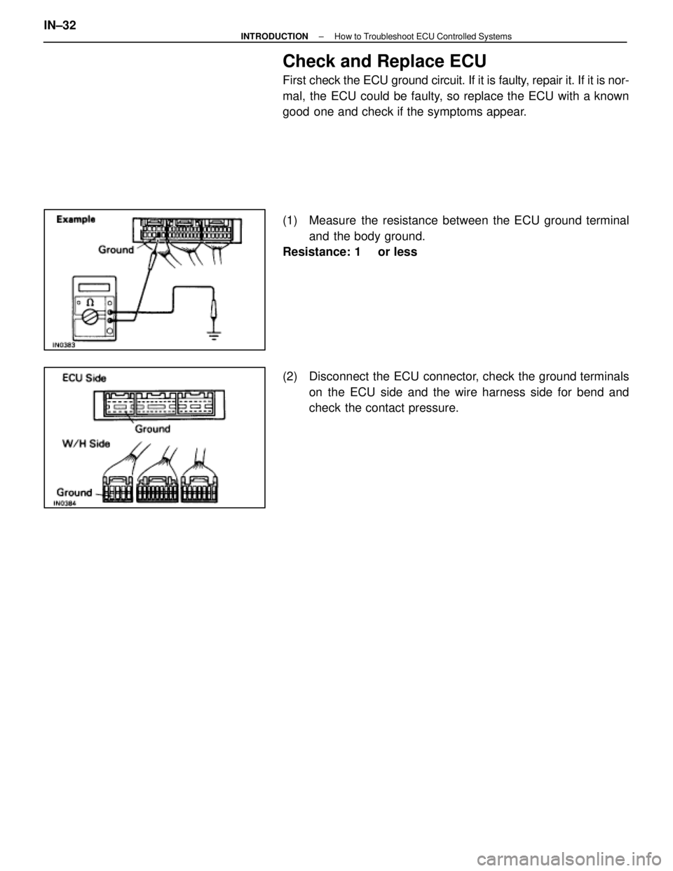 LEXUS SC400 1991  Service Repair Manual 
Check and Replace ECU
First check the ECU ground circuit. If it is faulty, repair it. If it is nor-
mal, the ECU could be faulty, so replace the ECU with a known
good one and check if the symptoms ap