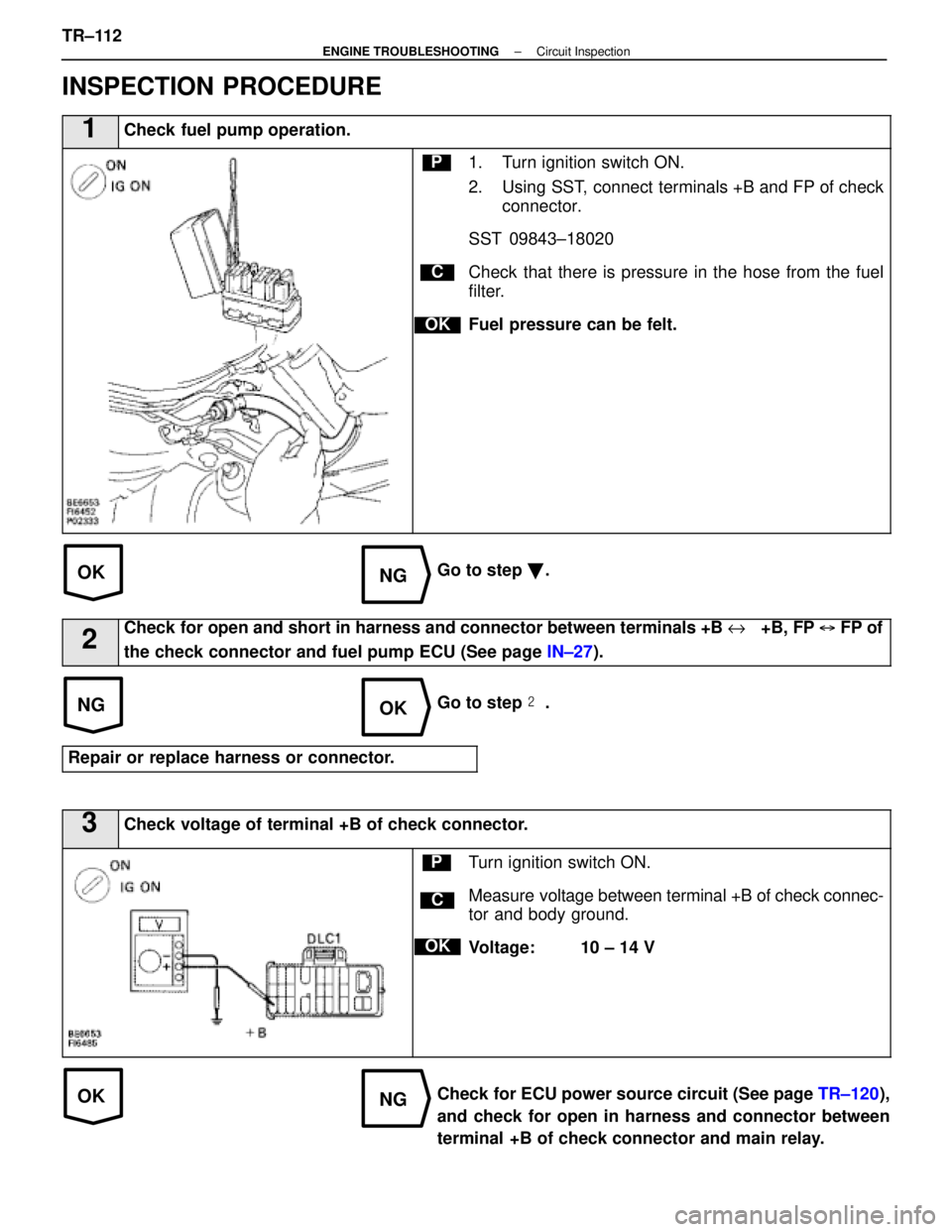 LEXUS SC400 1991  Service Repair Manual 
OKNG
NGOK
OKNG
INSPECTION PROCEDURE
1Check fuel pump operation.
C
OK
P1. Turn ignition switch ON.
2. Using SST, connect terminals +B and FP of checkconnector.
SST 09843±18020
Check that there is pre