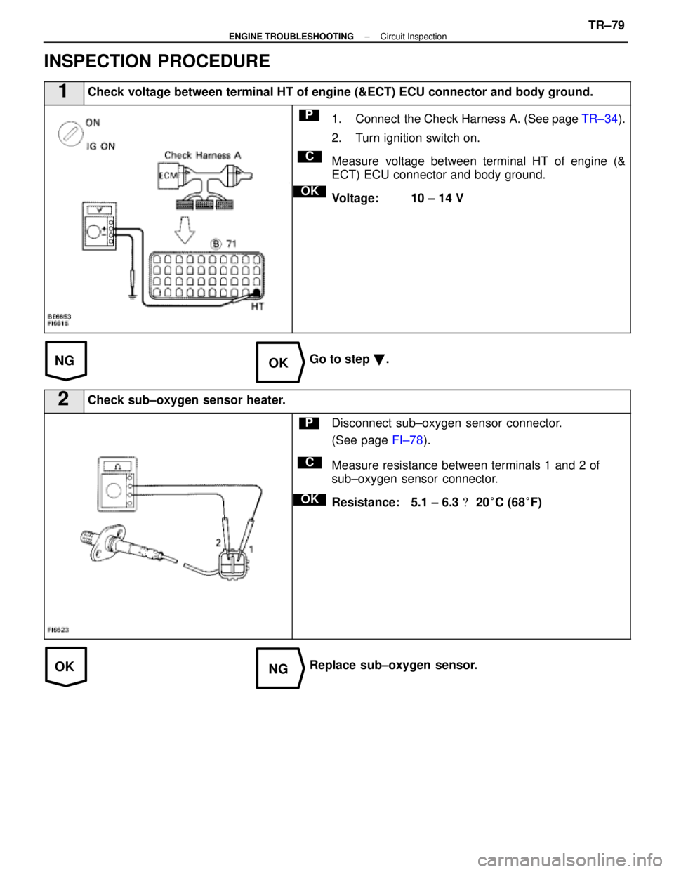 LEXUS SC400 1991  Service Repair Manual 
NGOK
OKNG
INSPECTION PROCEDURE
1Check voltage between terminal HT of engine (&ECT) ECU connector and body g\
round.
C
OK
P1. Connect  the Check Harness A. (See page TR±34).
2. Turn ignition switch o