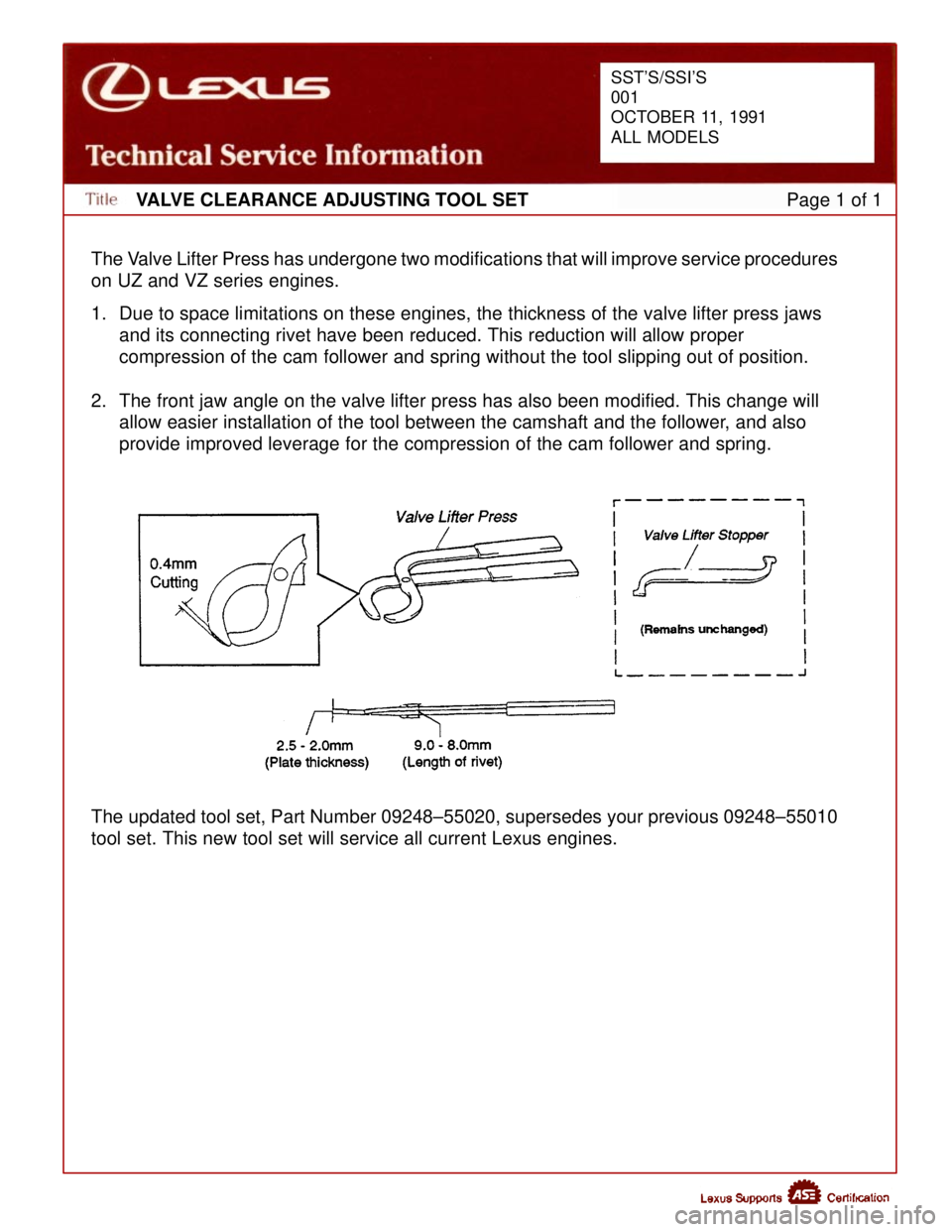 LEXUS SC400 1991  Service Repair Manual 
VALVE CLEARANCE ADJUSTING TOOL SETPage 1 of 1
The Valve Lifter Press has undergone two modifications that will improve service procedures
on UZ and VZ series engines.
1. Due to space limitations on t