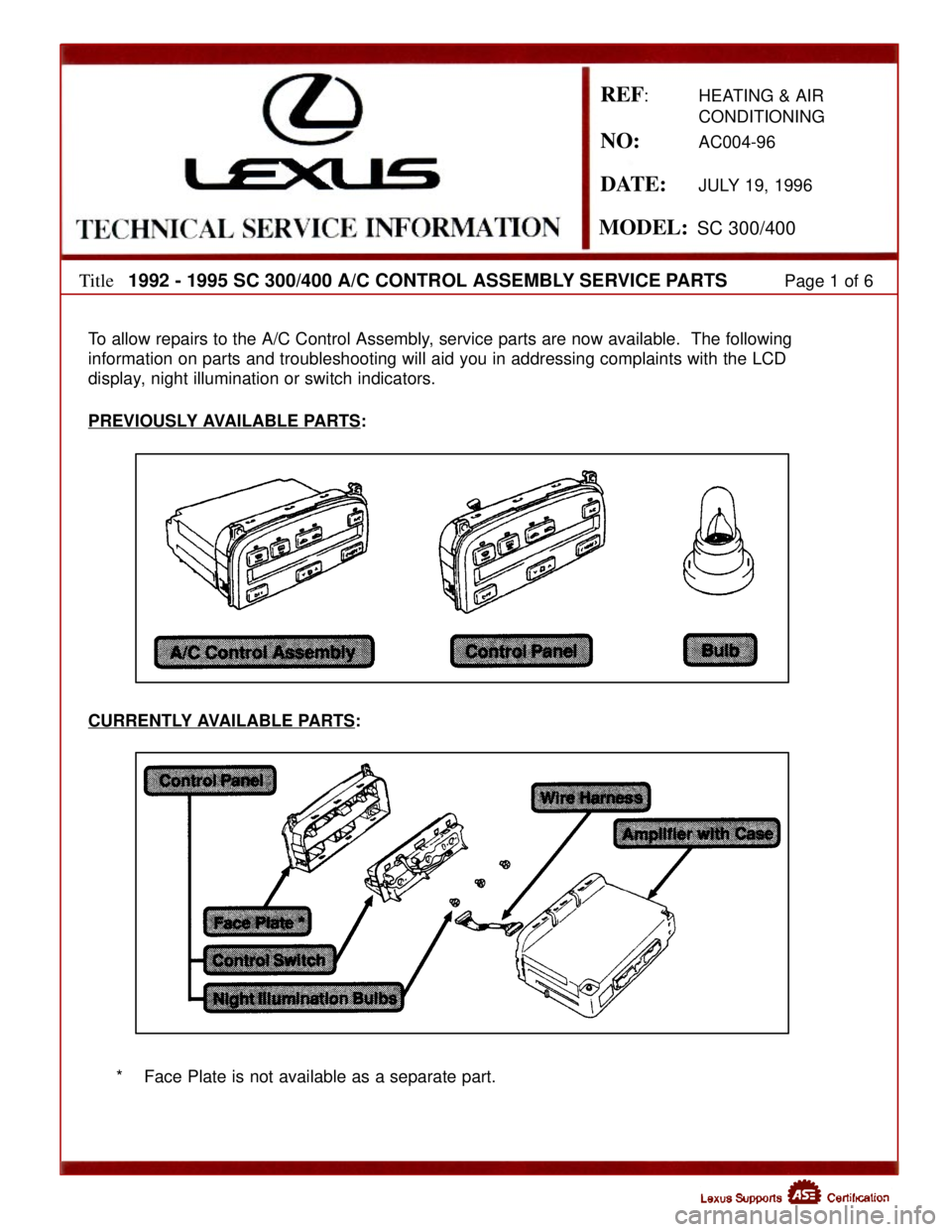 LEXUS SC400 1991  Service Repair Manual 
DATE:JULY 19, 1996
Title1992 - 1995 SC 300/400 A/C CONTROL ASSEMBLY SERVICE PARTSPage 1 of 6
To allow repairs to the A/C Control Assembly, service parts are now available.  The following 
information