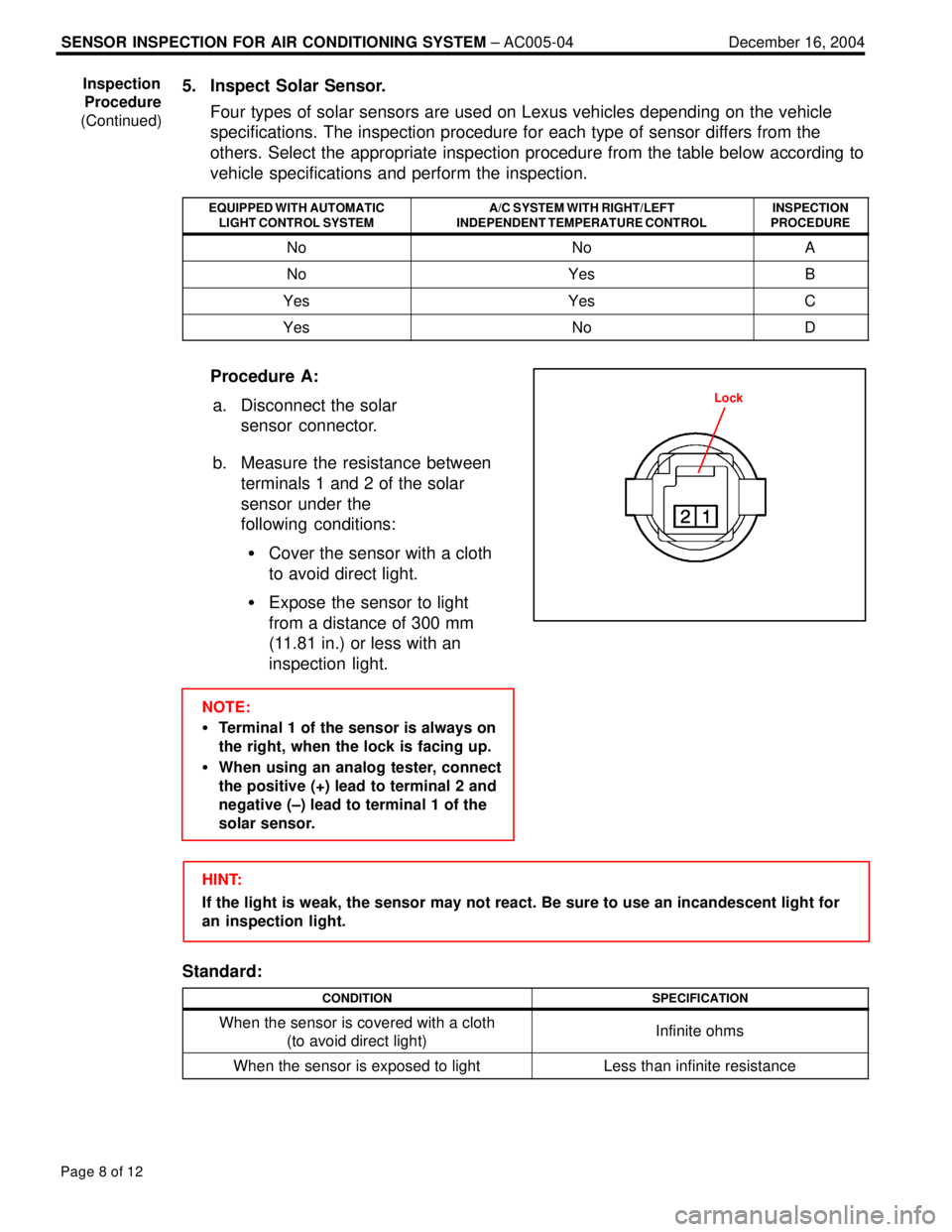 LEXUS SC400 1991  Service Repair Manual 
SENSOR INSPECTION FOR AIR CONDITIONING SYSTEM ± AC005-04 December 16, 2004
Page 8 of 12
5. Inspect Solar Sensor.
Four types of solar sensors are used on Lexus vehicles depending on the \
vehicle
spe