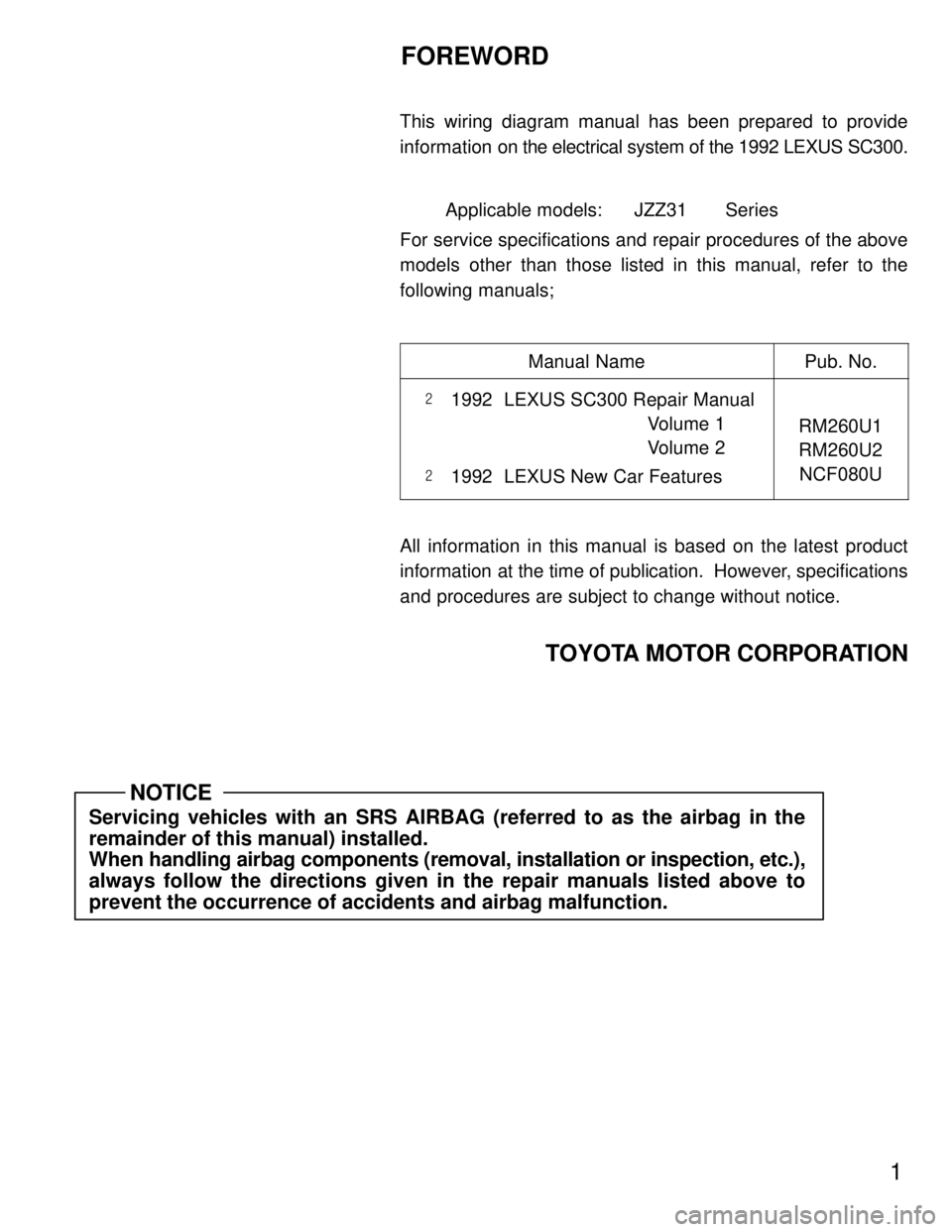 LEXUS SC400 1991  Service Repair Manual 
1
FOREWORD
This wiring diagram manual has been prepared to provide
information on the electrical system of the 1992 LEXUS SC300.
Applicable models:   JZZ31 Series
For service specifications and repai