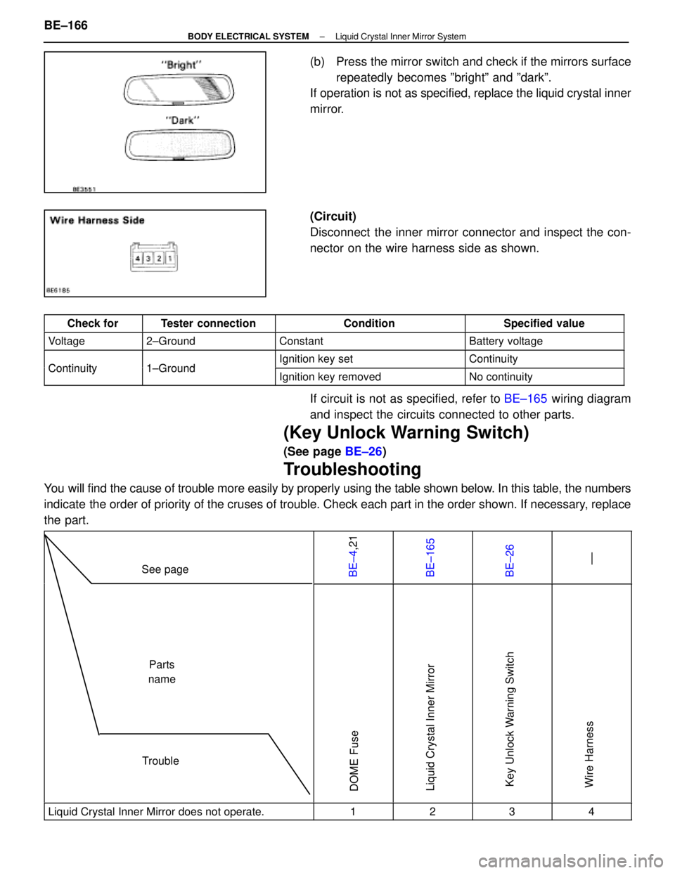 LEXUS SC400 1991  Service Repair Manual 
(b)  Press the mirror switch and check if the mirrors surfacerepeatedly  becomes ºbrightº and ºdarkº.
If operation is not as specified, replace the liquid crystal inner
mirror.
(Circuit)
Disconne